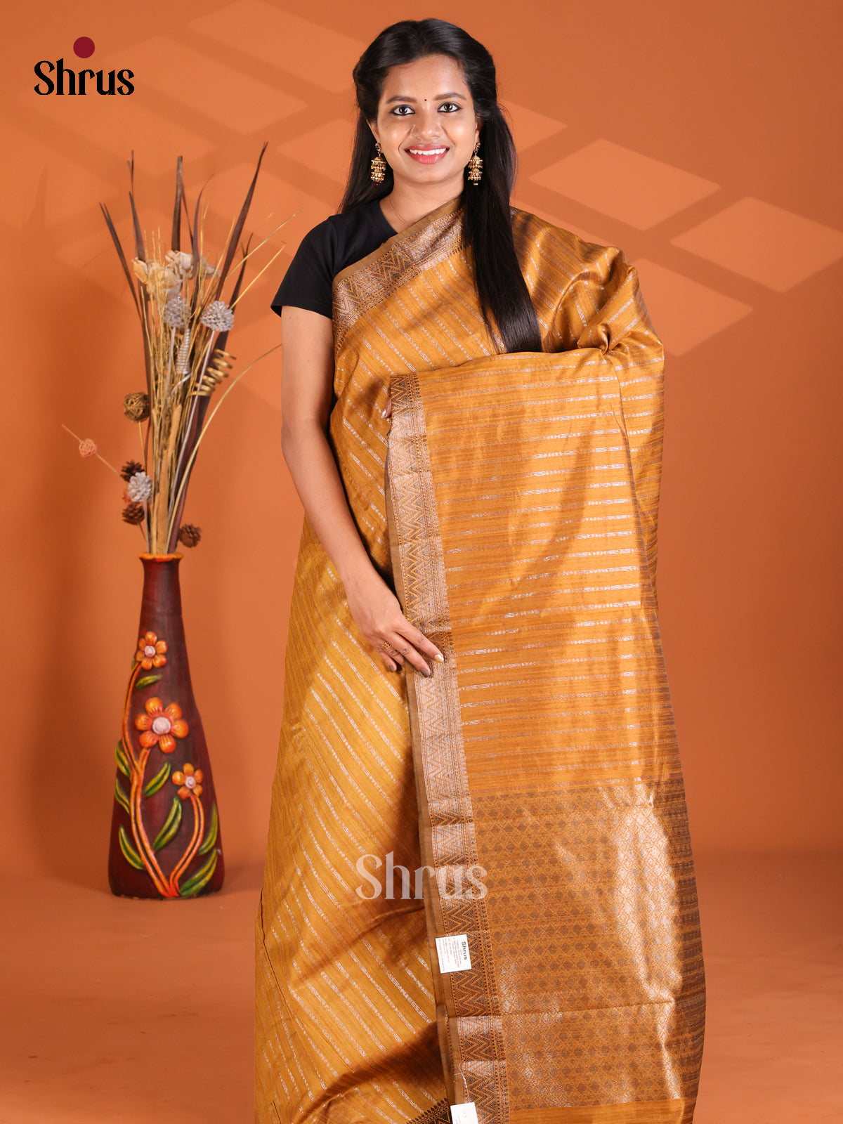 Dark Mustard - Semi Rawsilk Saree - Shop on Shrus.com