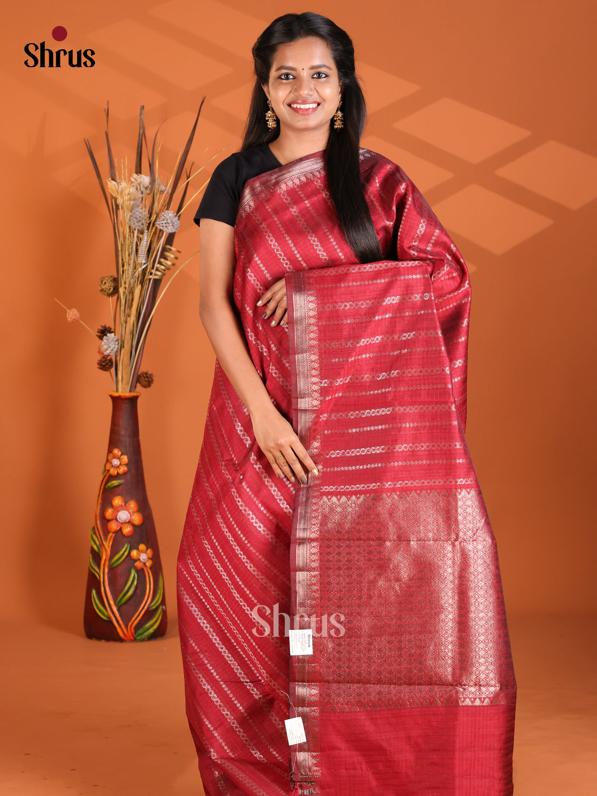 Maroon - Semi Rawsilk Saree - Shop on Shrus.com
