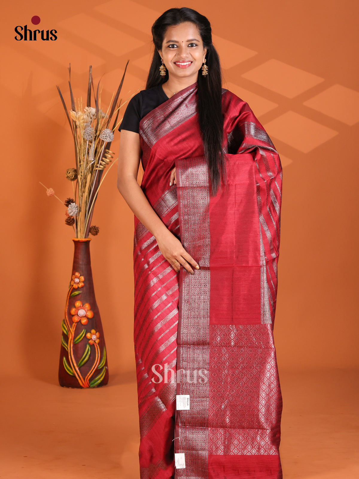 Maroon - Semi Rawsilk Saree - Shop on Shrus.com