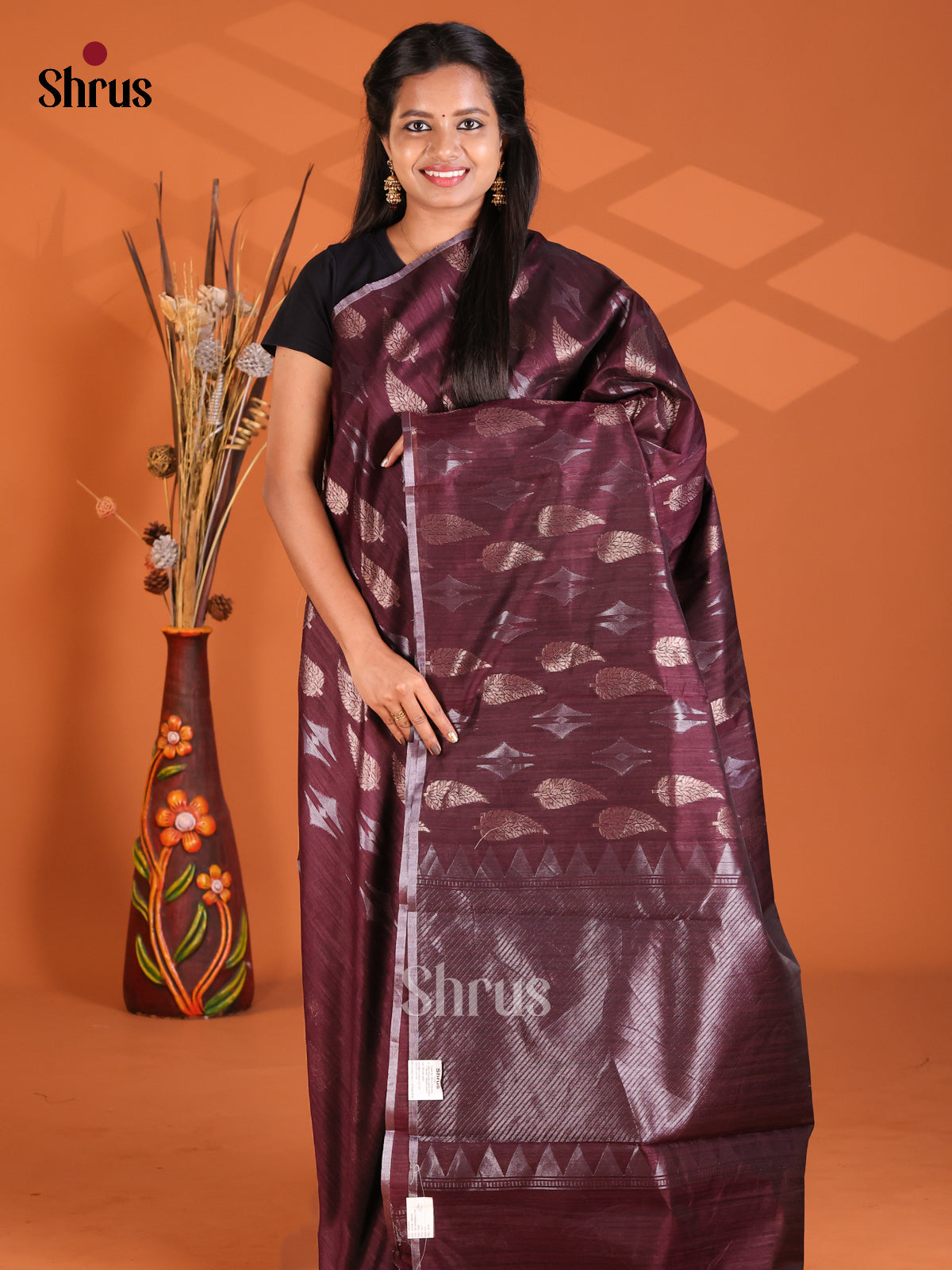 Maroon - Semi Rawsilk Saree - Shop on Shrus.com
