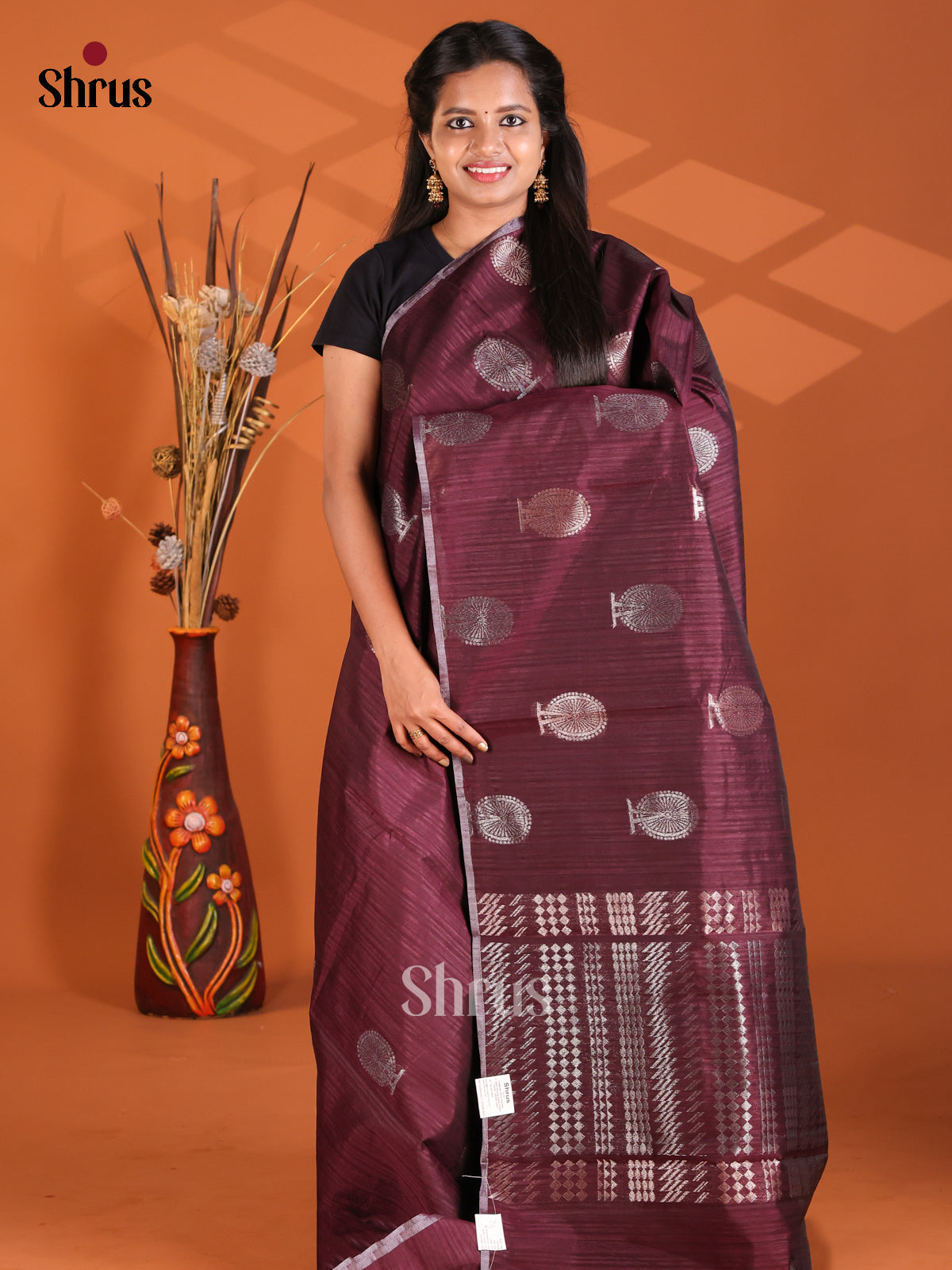 maroon - Semi Rawsilk Saree - Shop on Shrus.com