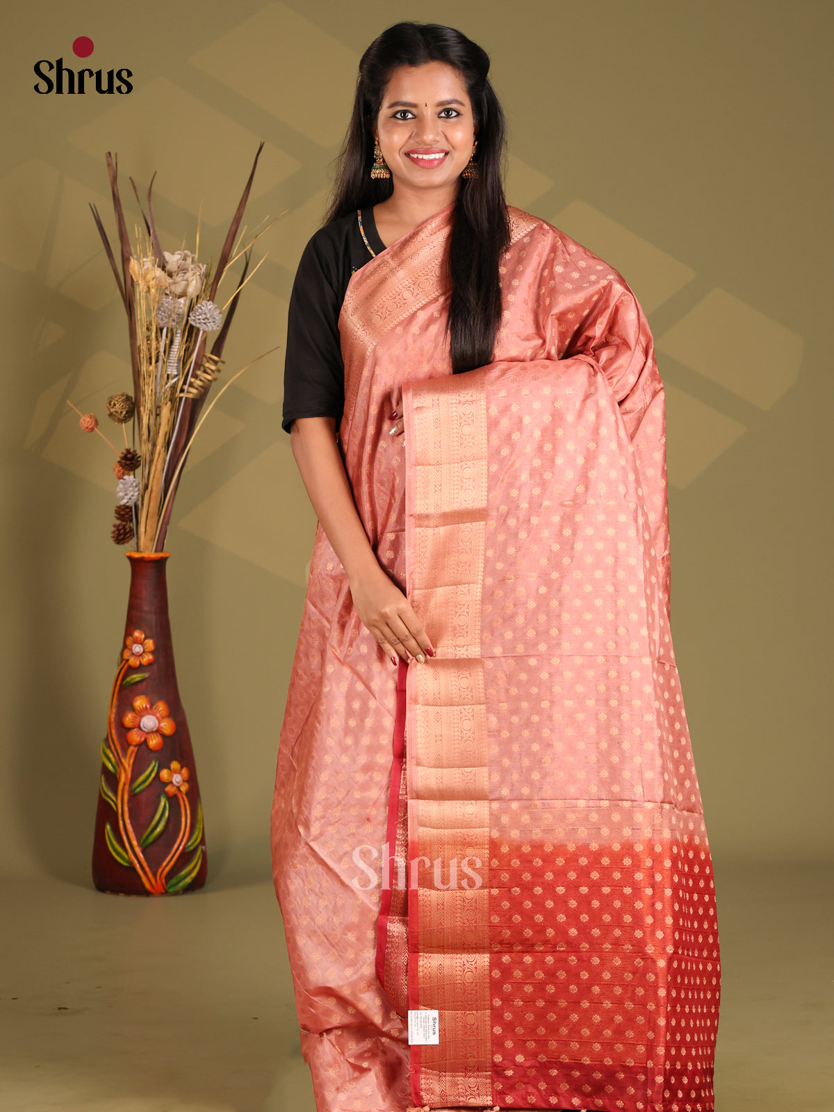 Peachish Pink & Red - NorthSilk Cotton Saree - Shop on Shrus.com