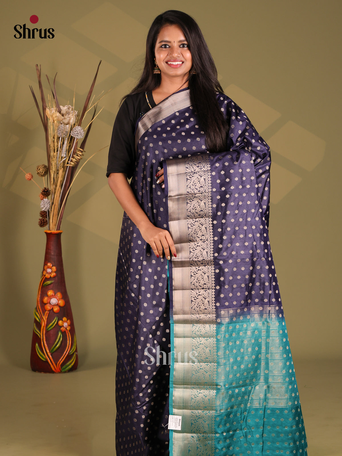 Navy Blue & Teal - NorthSilk Cotton Saree - Shop on Shrus.com