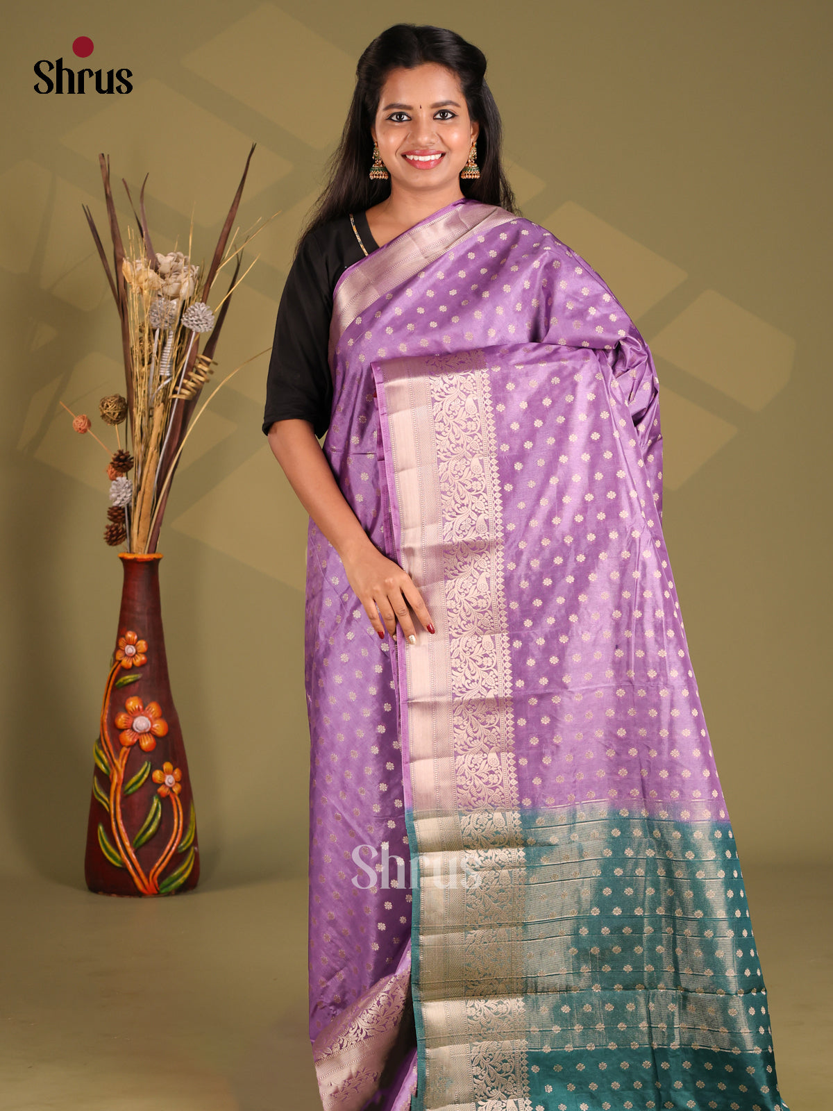 Lavender & Green- NorthSilk Cotton Saree - Shop on Shrus.com