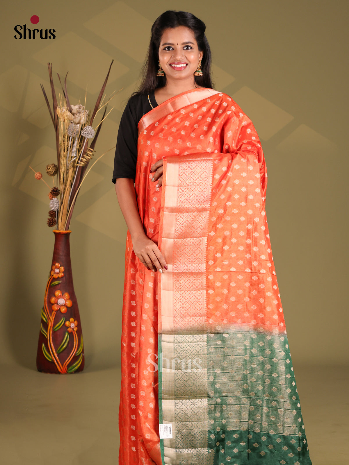 Orange & Green - NorthSilk Cotton Saree - Shop on Shrus.com