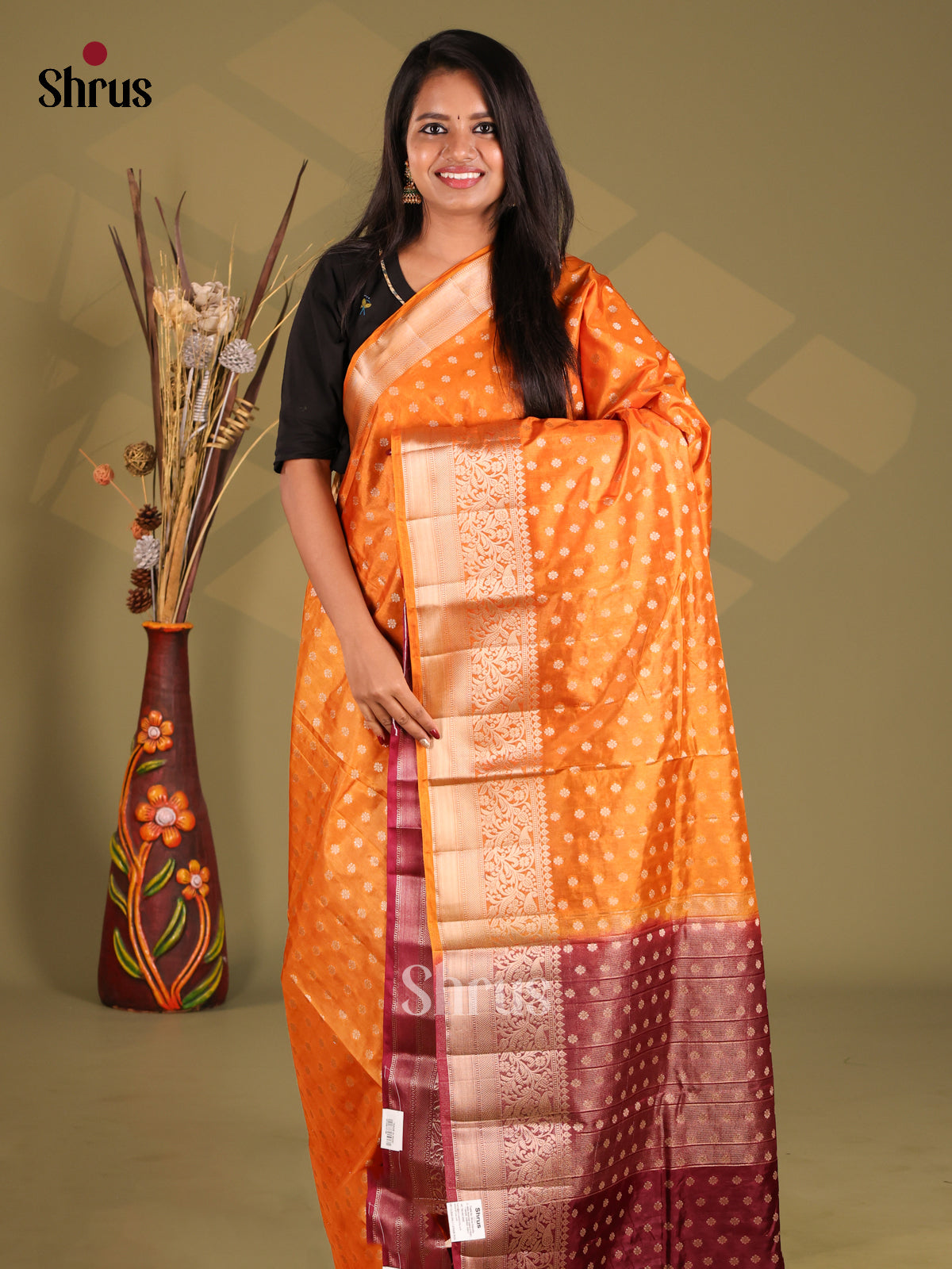 Orange & Maroon - NorthSilk Cotton Saree - Shop on Shrus.com