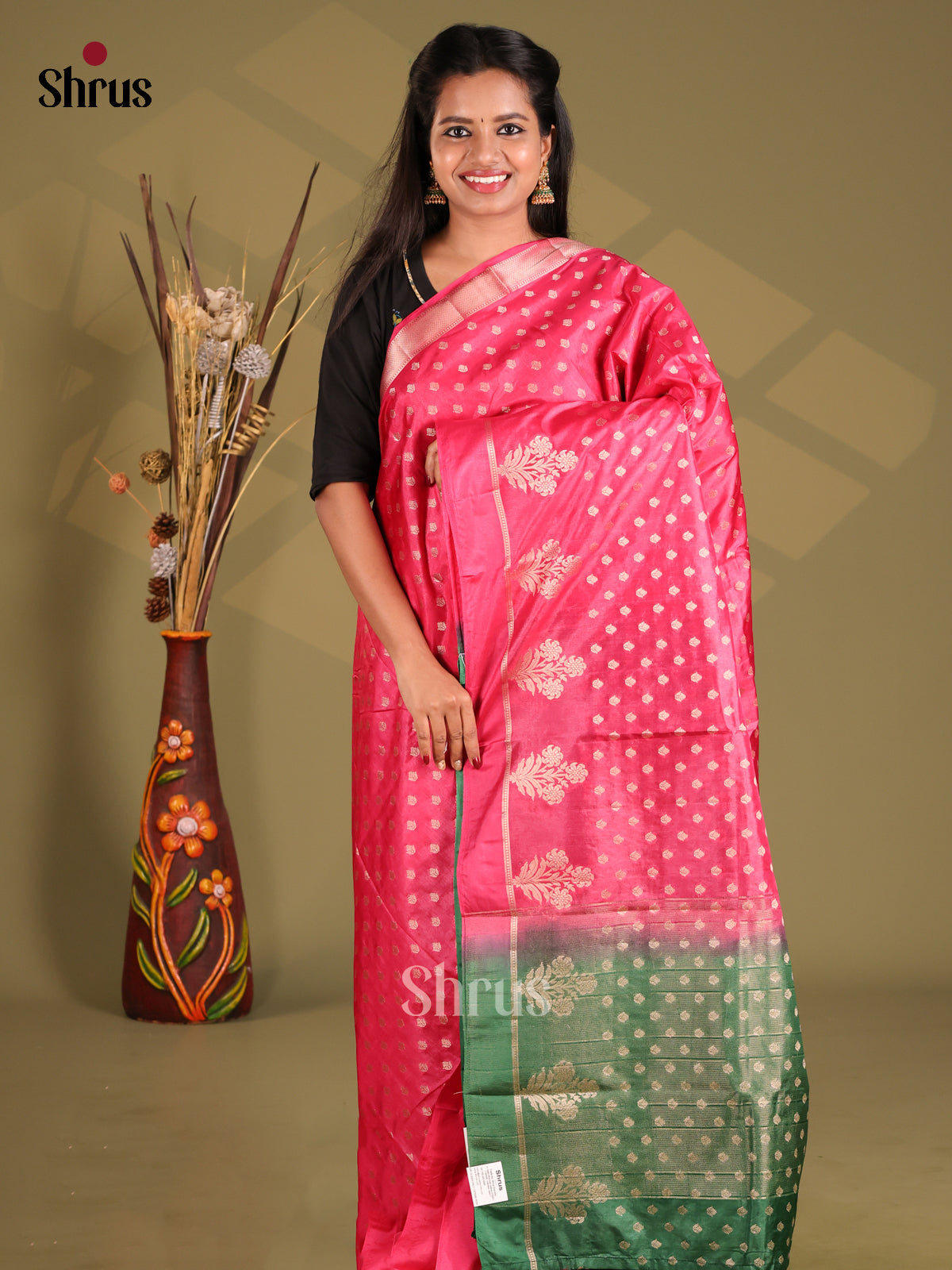 Reddish Pink & Green - NorthSilk Cotton Saree - Shop on Shrus.com