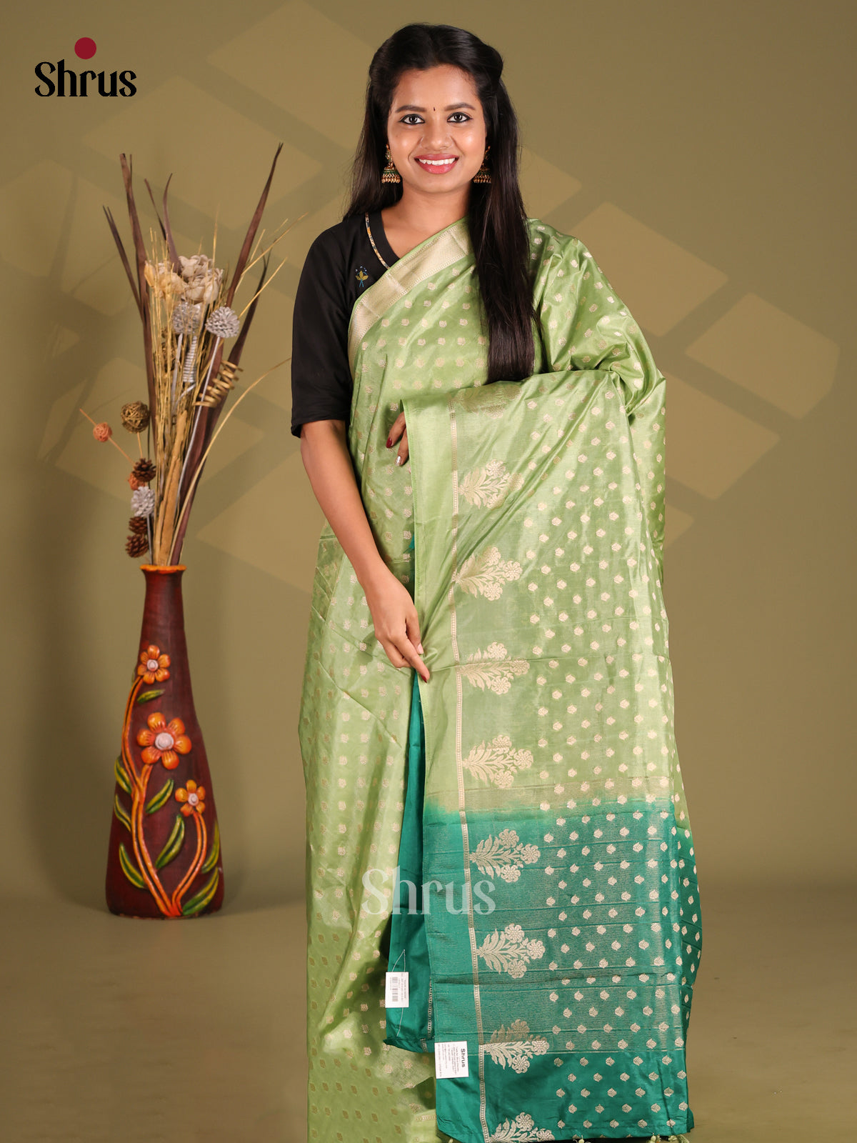 Light Green & Green - NorthSilk Cotton Saree - Shop on Shrus.com