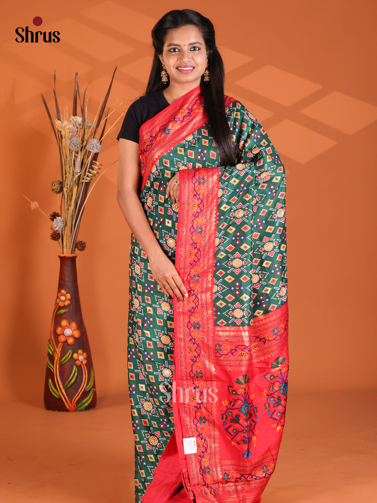 Green & Red - Semi Ikkat Print Saree - Shop on Shrus.com
