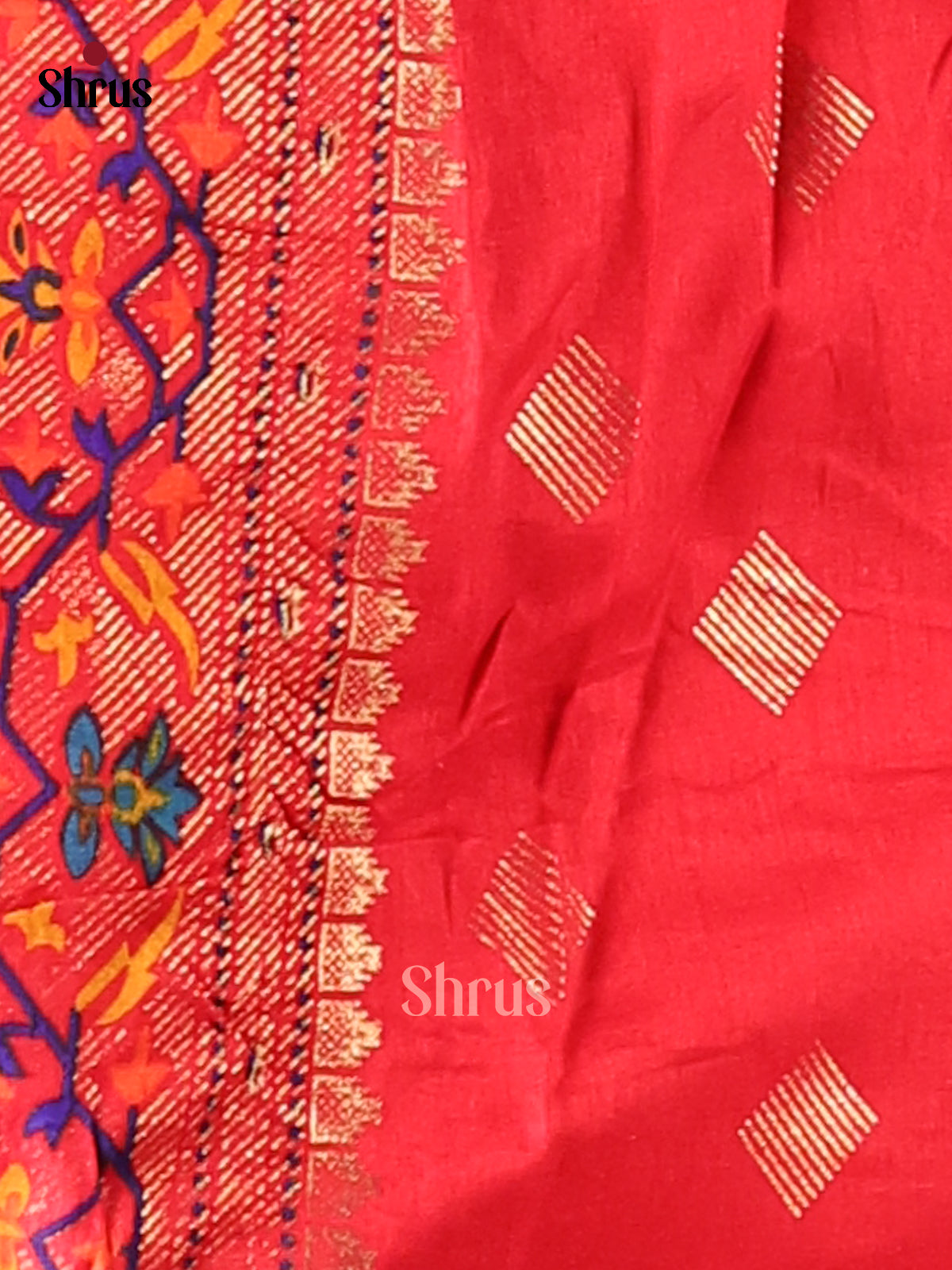 Green & Red - Semi Ikkat Print Saree - Shop on Shrus.com