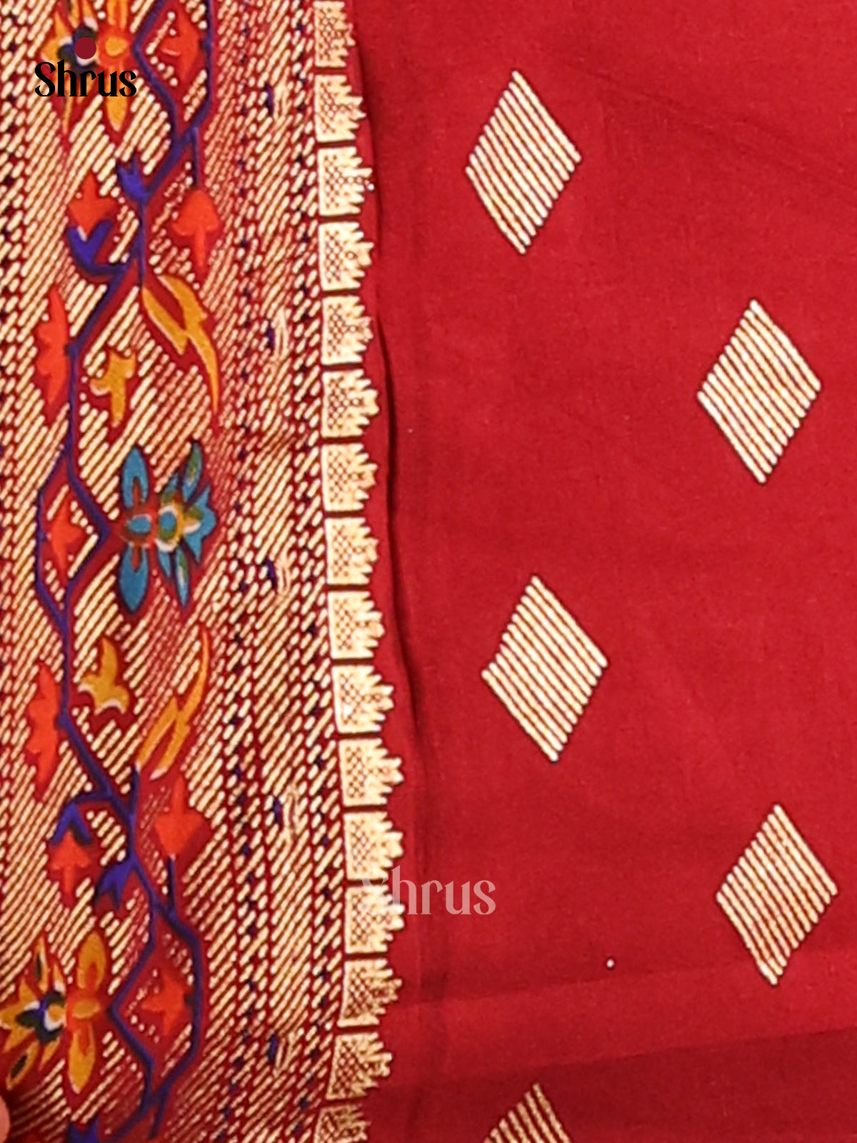 Cream & Red - Semi Ikkat Print Saree - Shop on Shrus.com
