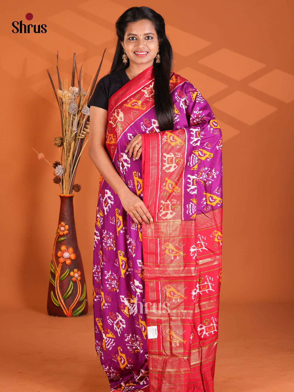 Purple & Red - Semi Ikkat Print Saree - Shop on Shrus.com