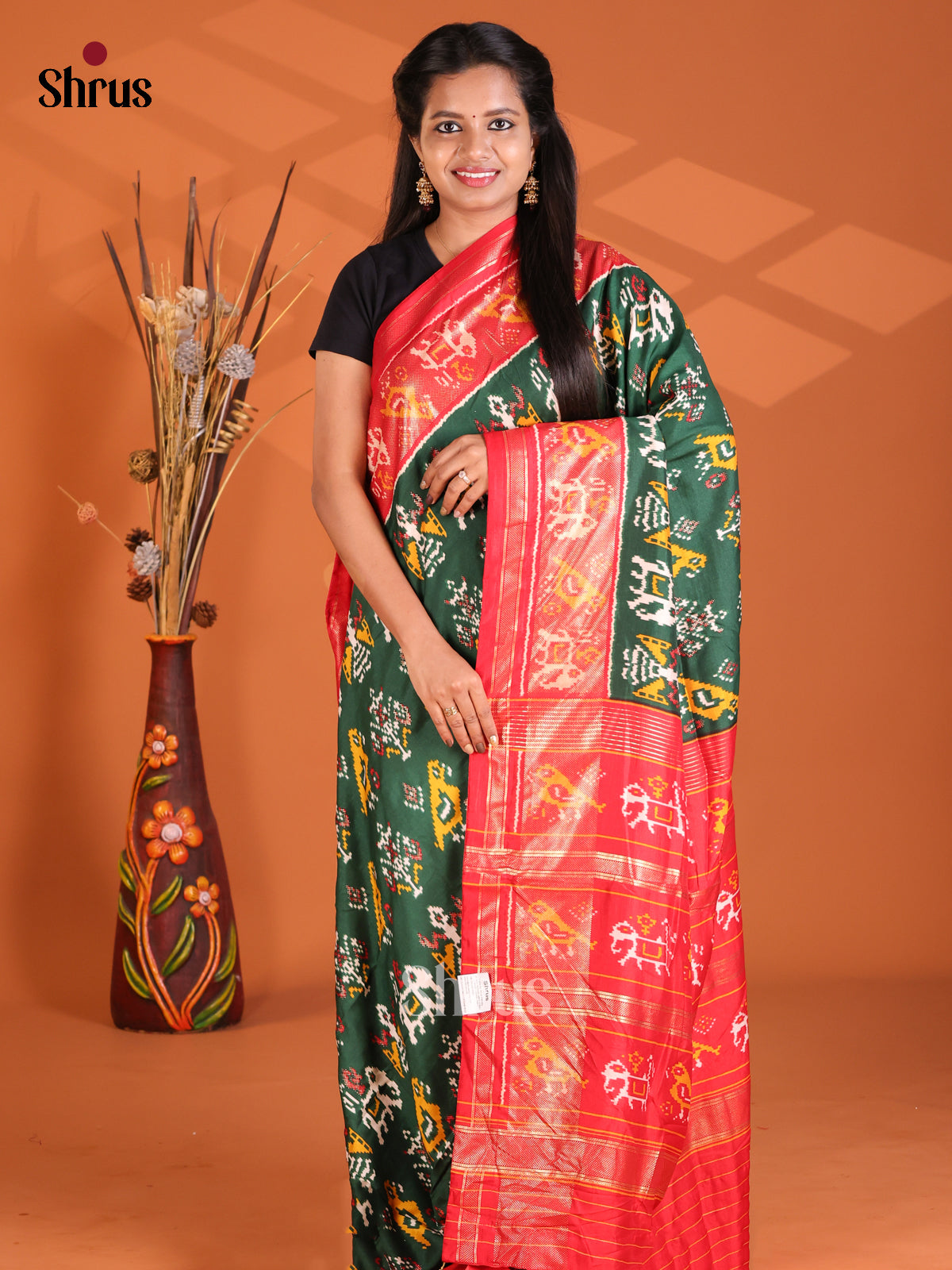 Green & Red - Semi Ikkat Print Saree - Shop on Shrus.com