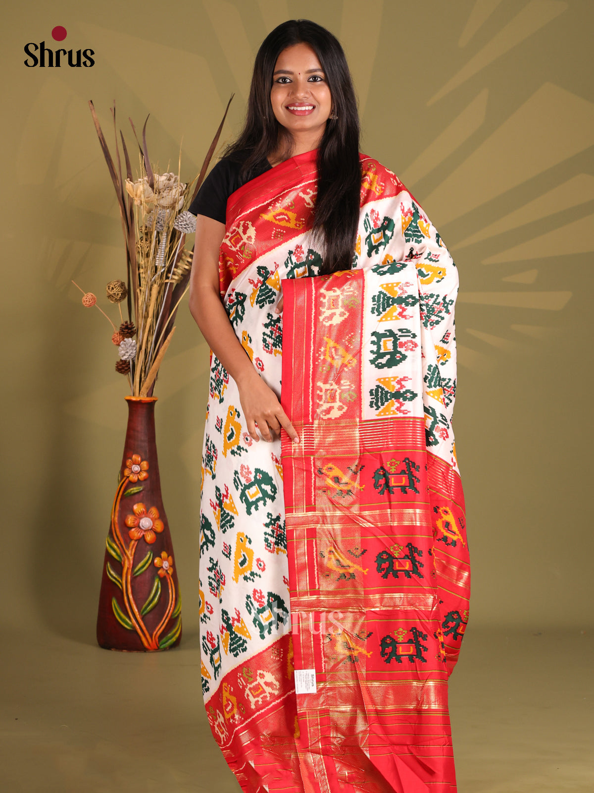 Cream & Red - Semi Ikkat Print Saree - Shop on Shrus.com