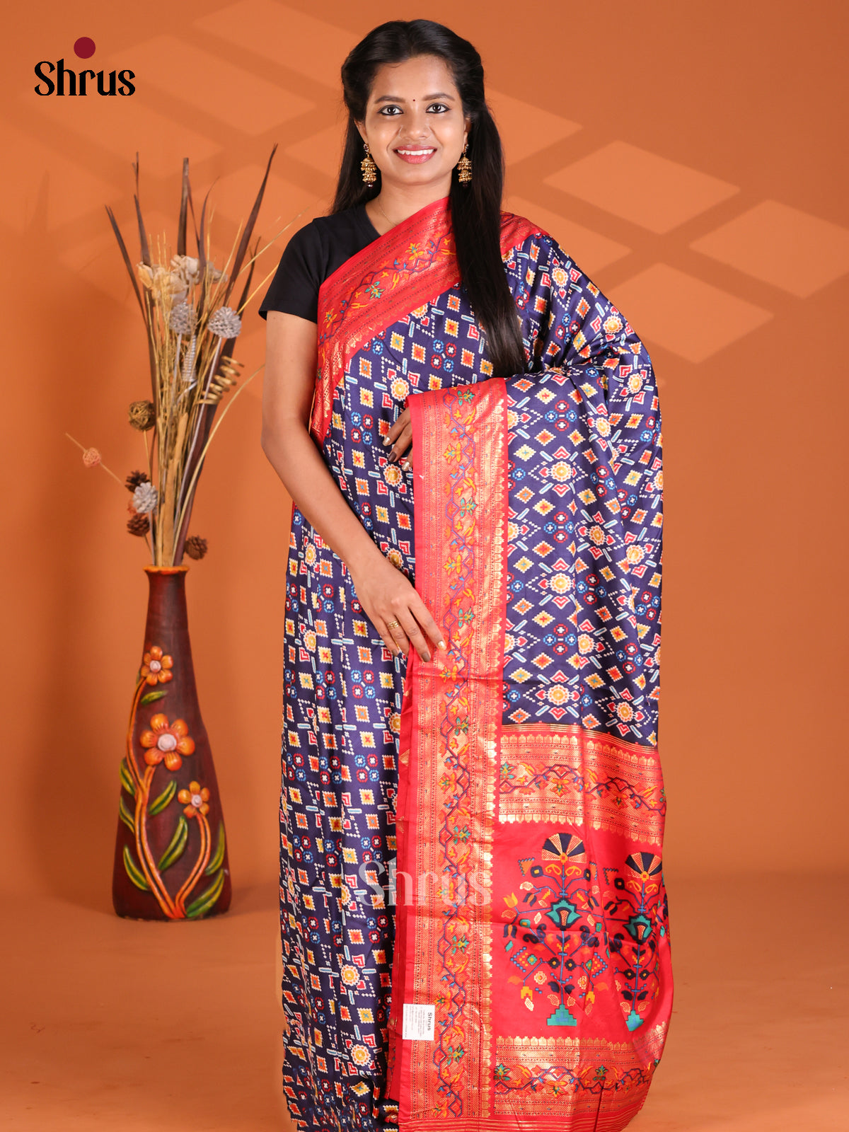 Blue & Red - Semi Ikkat Print Saree