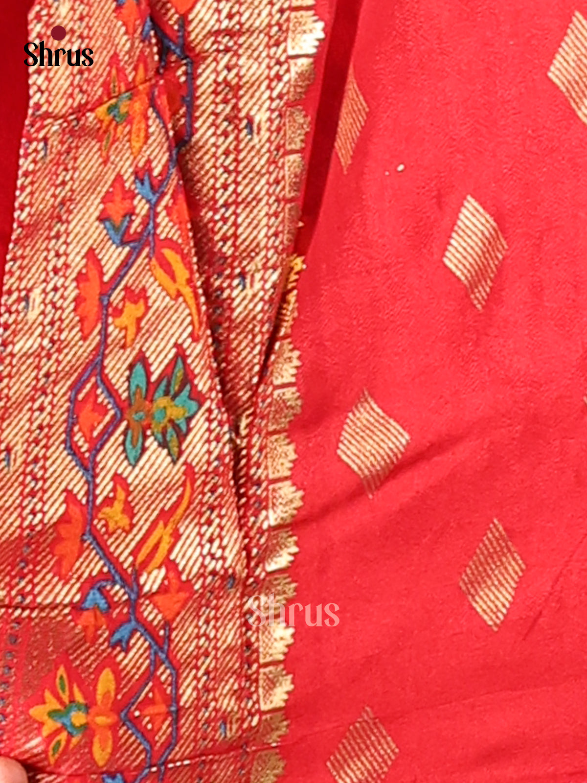 Blue & Red - Semi Ikkat Print Saree