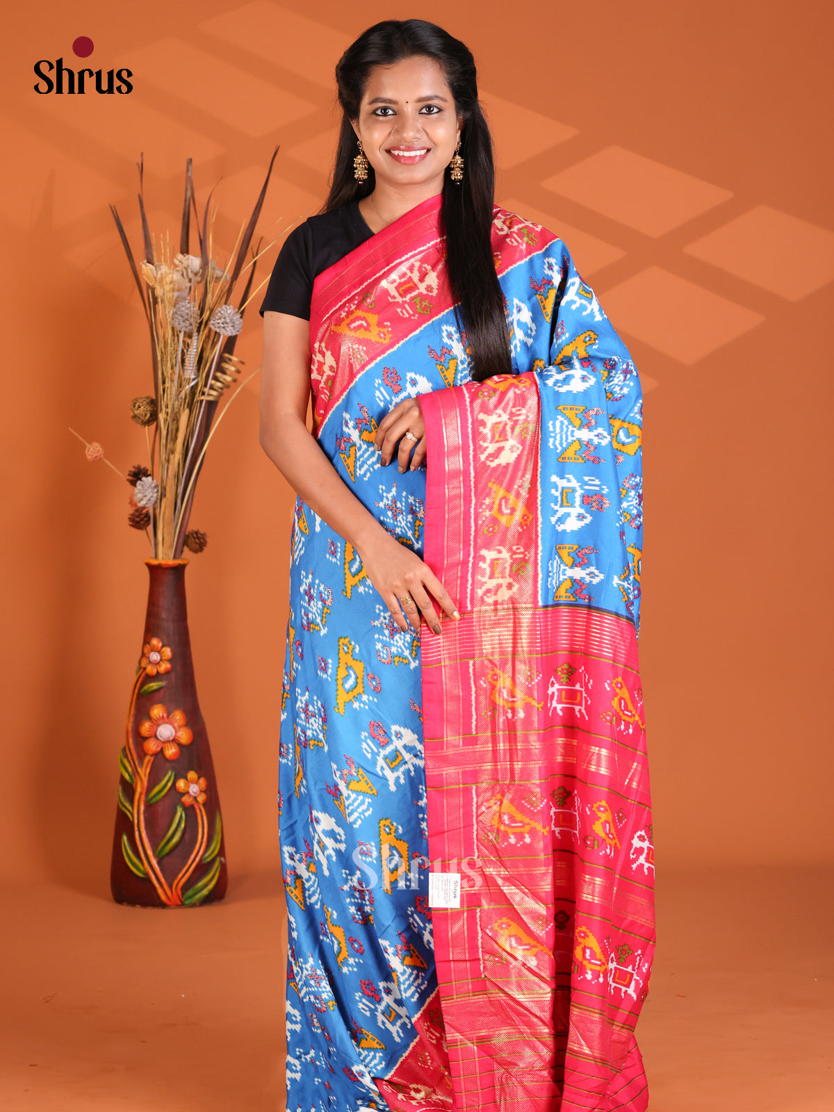 Blue & Pink  - Semi Ikkat Print Saree