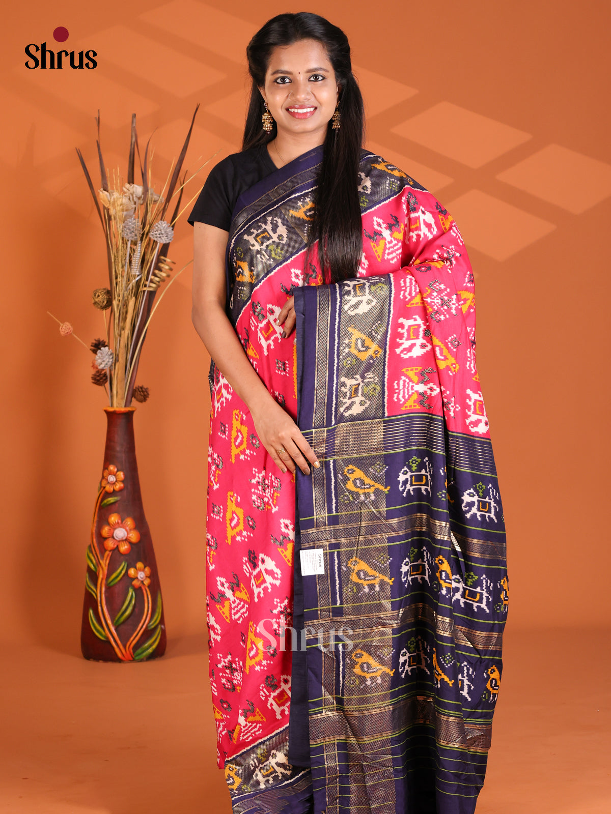 Pink & Blue - Semi Ikkat Print Saree - Shop on Shrus.com