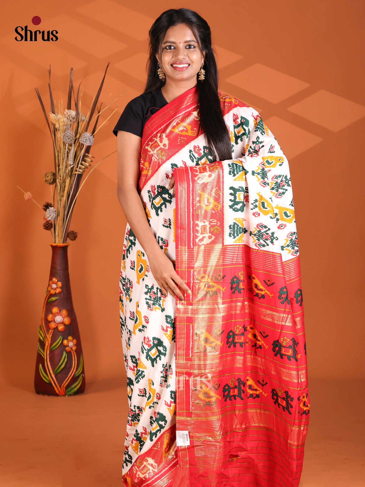 Cream & Red - Semi Ikkat Print Saree - Shop on Shrus.com