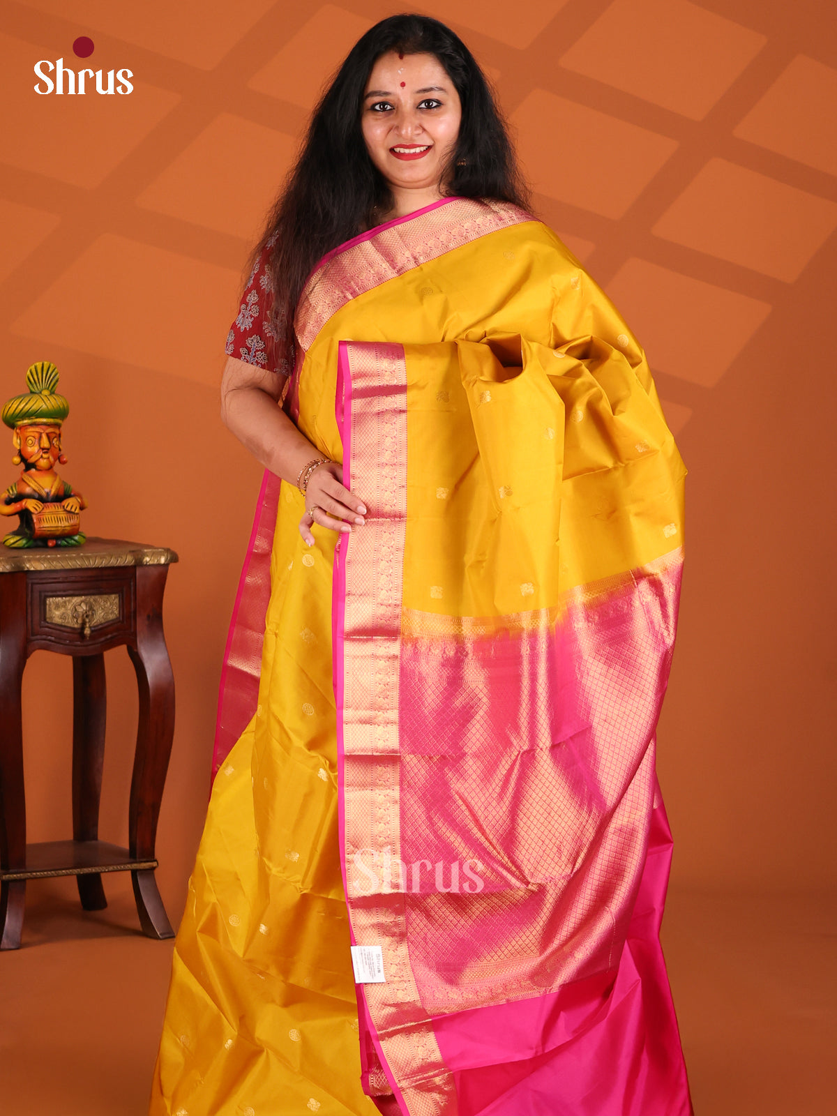 Mustard & Pink  Kanchipuram silk Saree with peacock butta zari border-1
