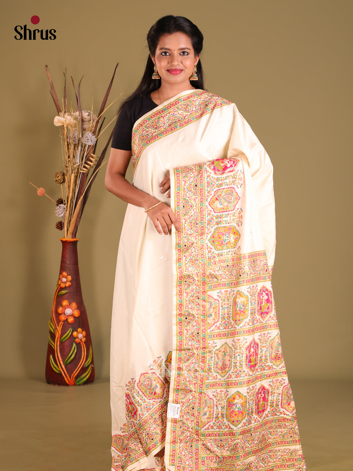 Cream- Semi Banarasi Saree - Shop on Shrus.com