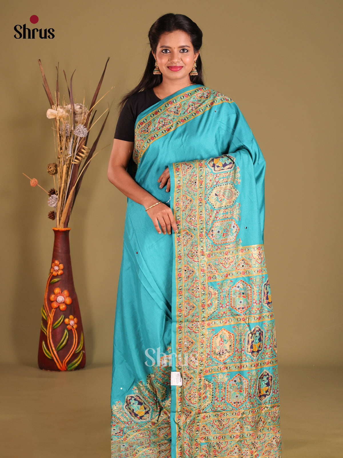 Teal Blue - Semi Banarasi Saree - Shop on Shrus.com