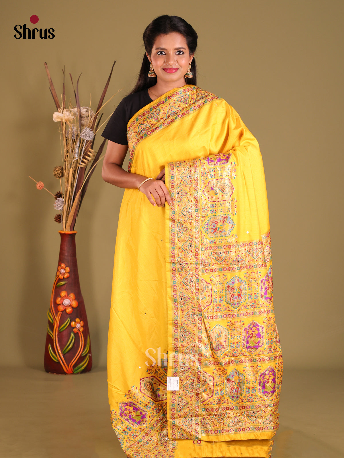 Yellow - Semi Banarasi Saree - Shop on Shrus.com