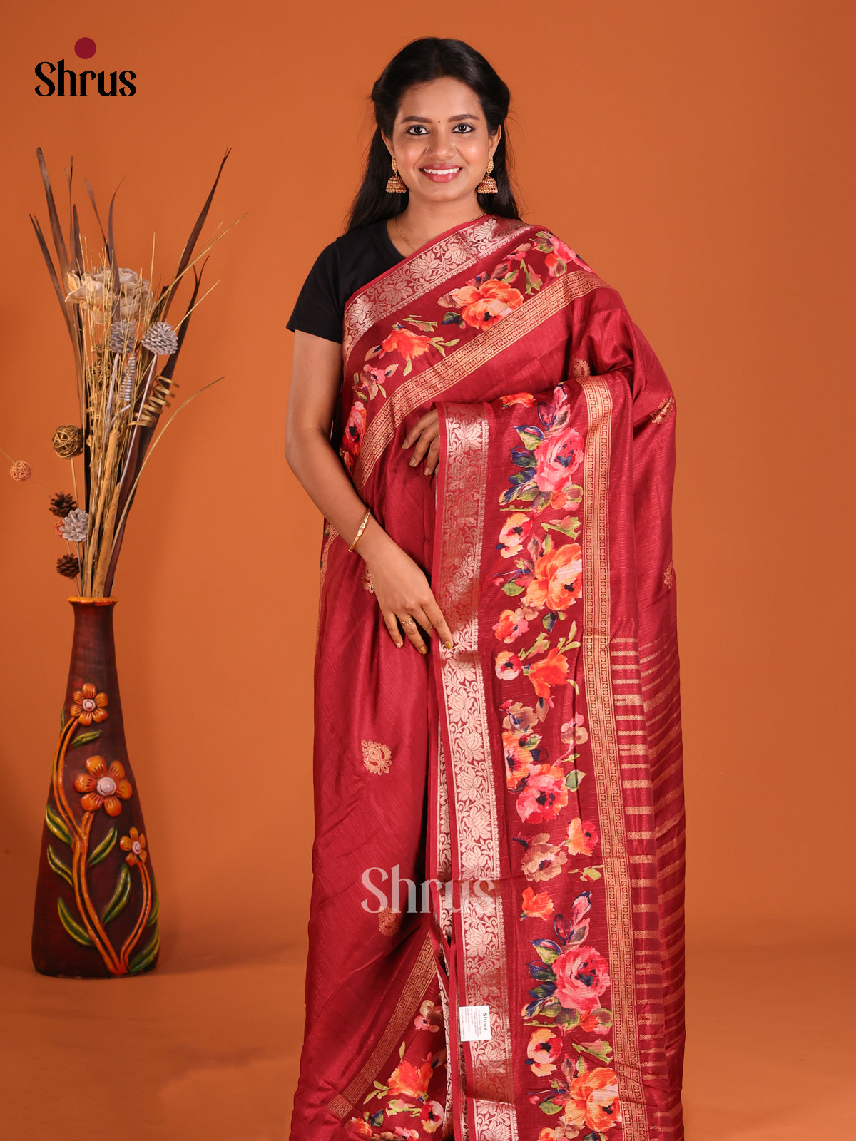 Maroon - Semi Rawsilk Saree - Shop on Shrus.com