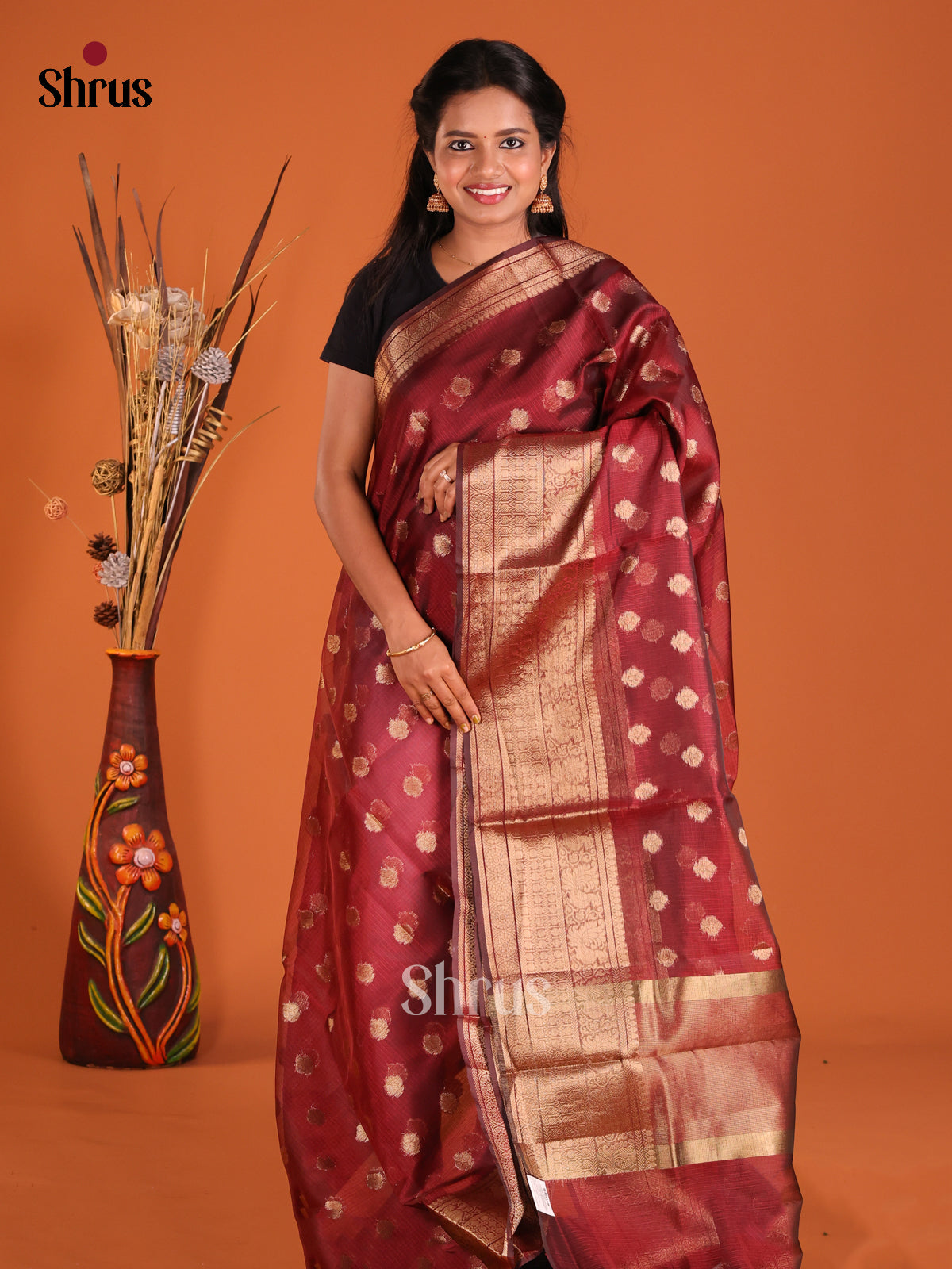 Maroon - Semi Kota Saree - Shop on Shrus.com