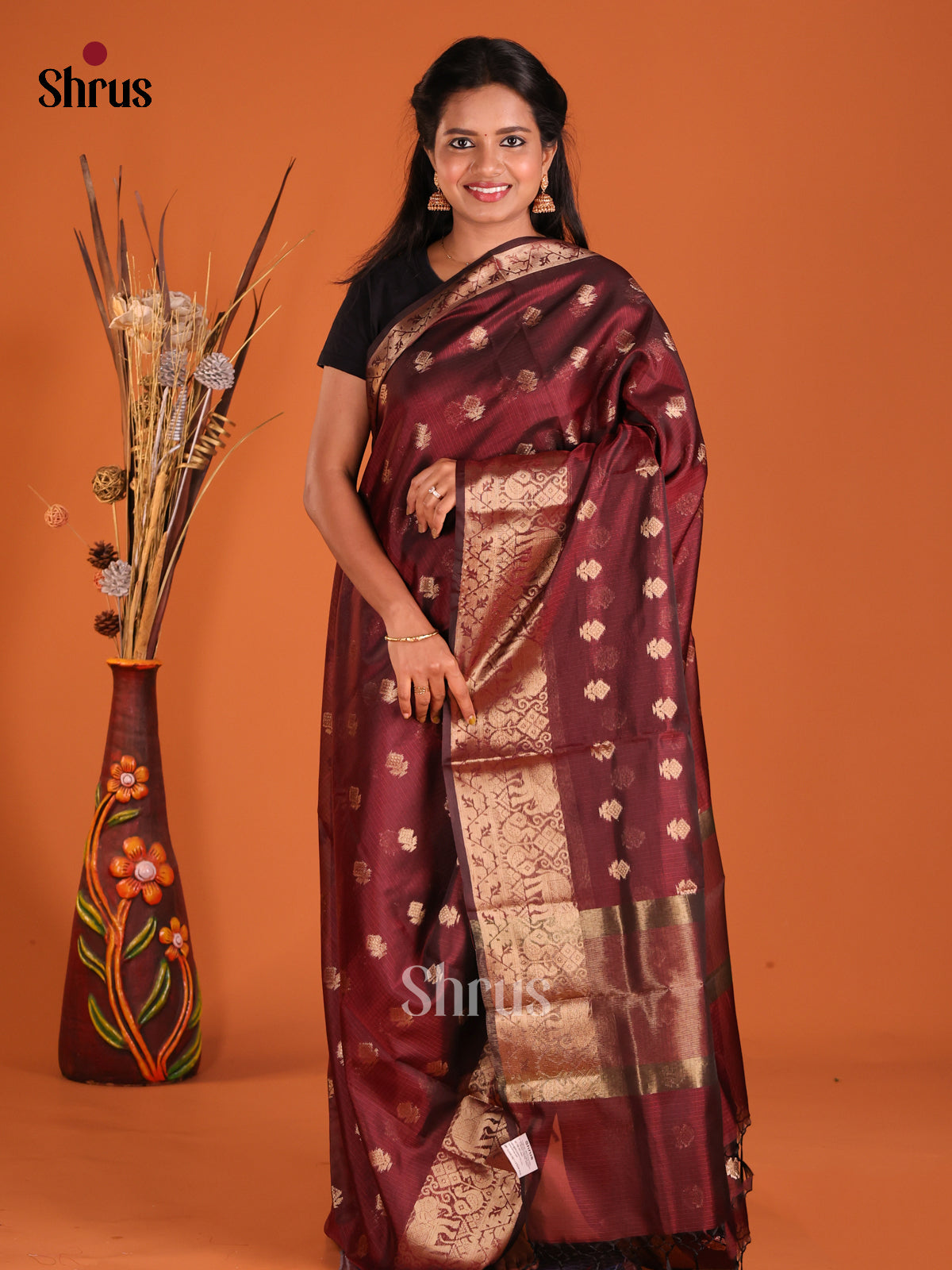 Maroon - Semi Kota Saree - Shop on Shrus.com