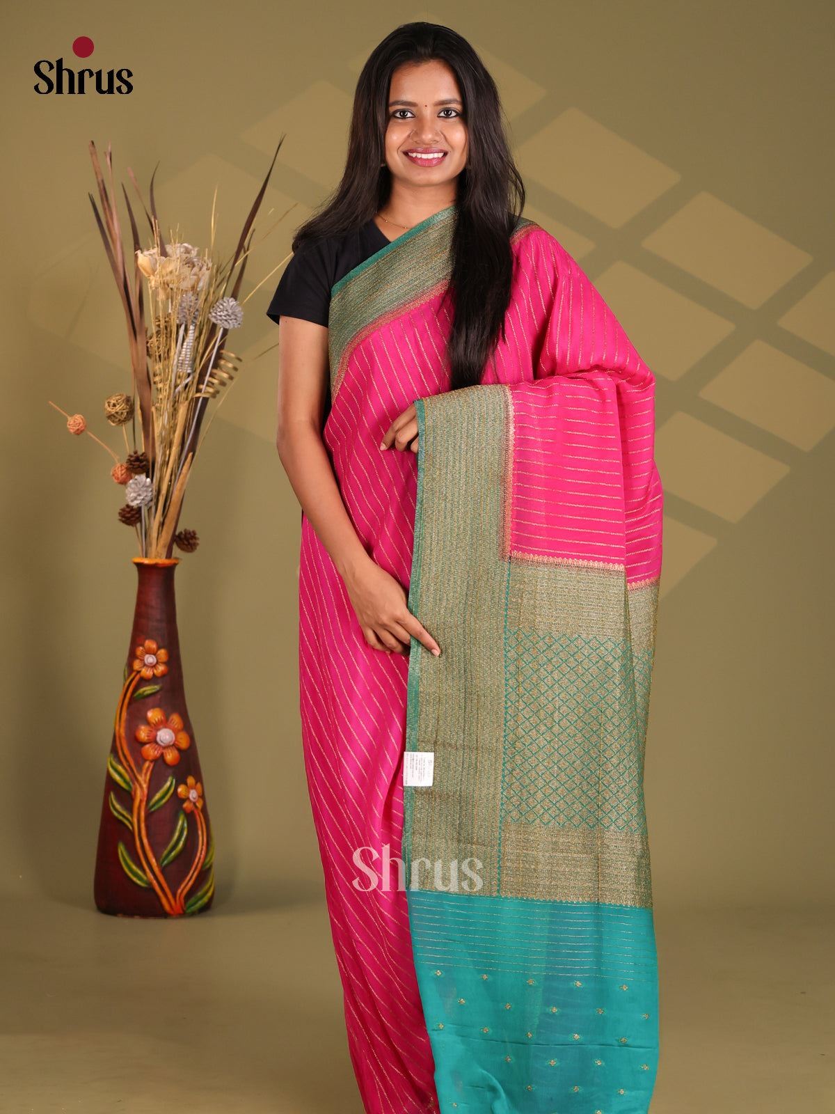 Pink & blue - Semi Georgette Saree - Shop on Shrus.com