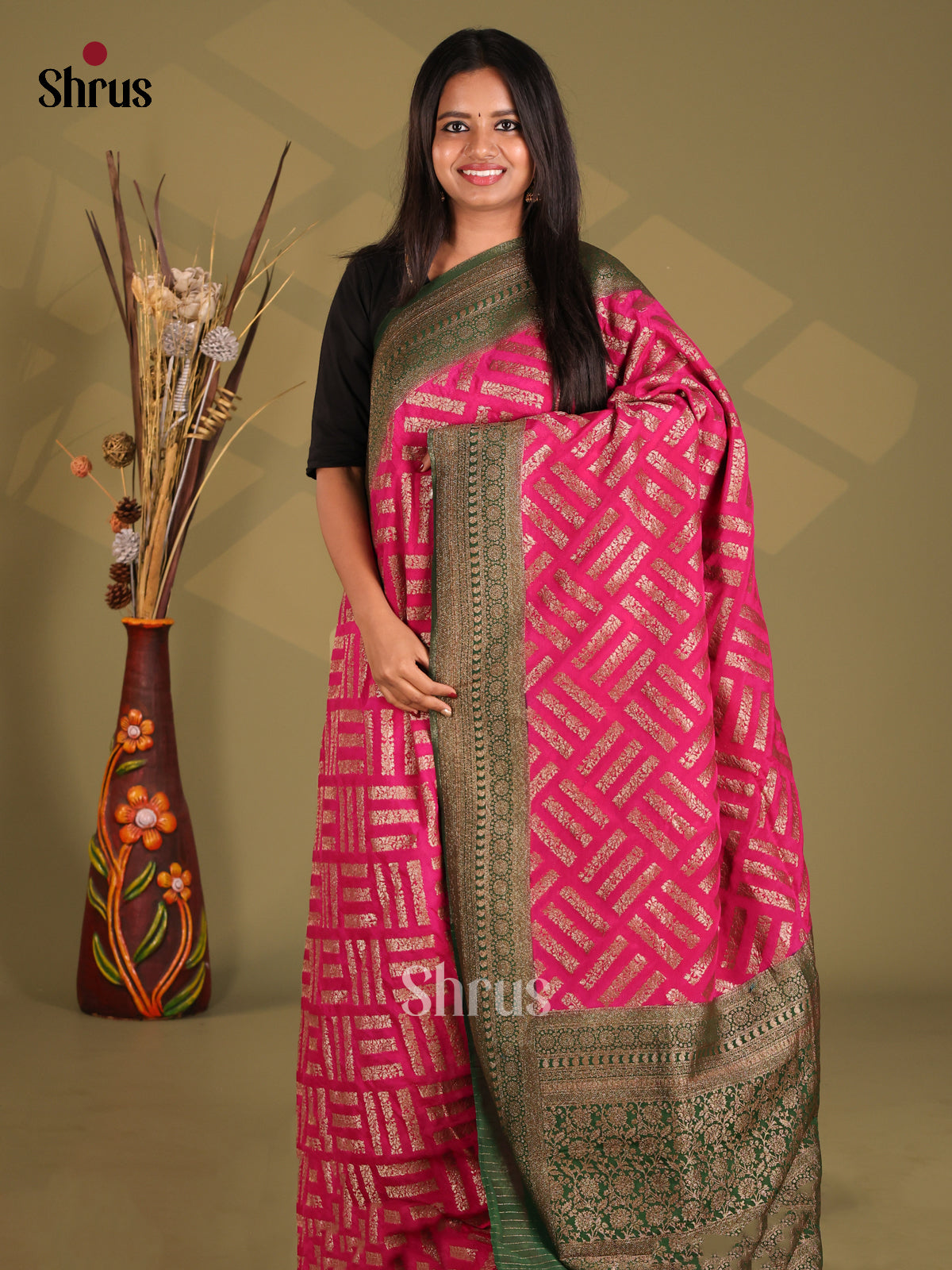Pink & Green- Semi Georgette Saree - Shop on Shrus.com