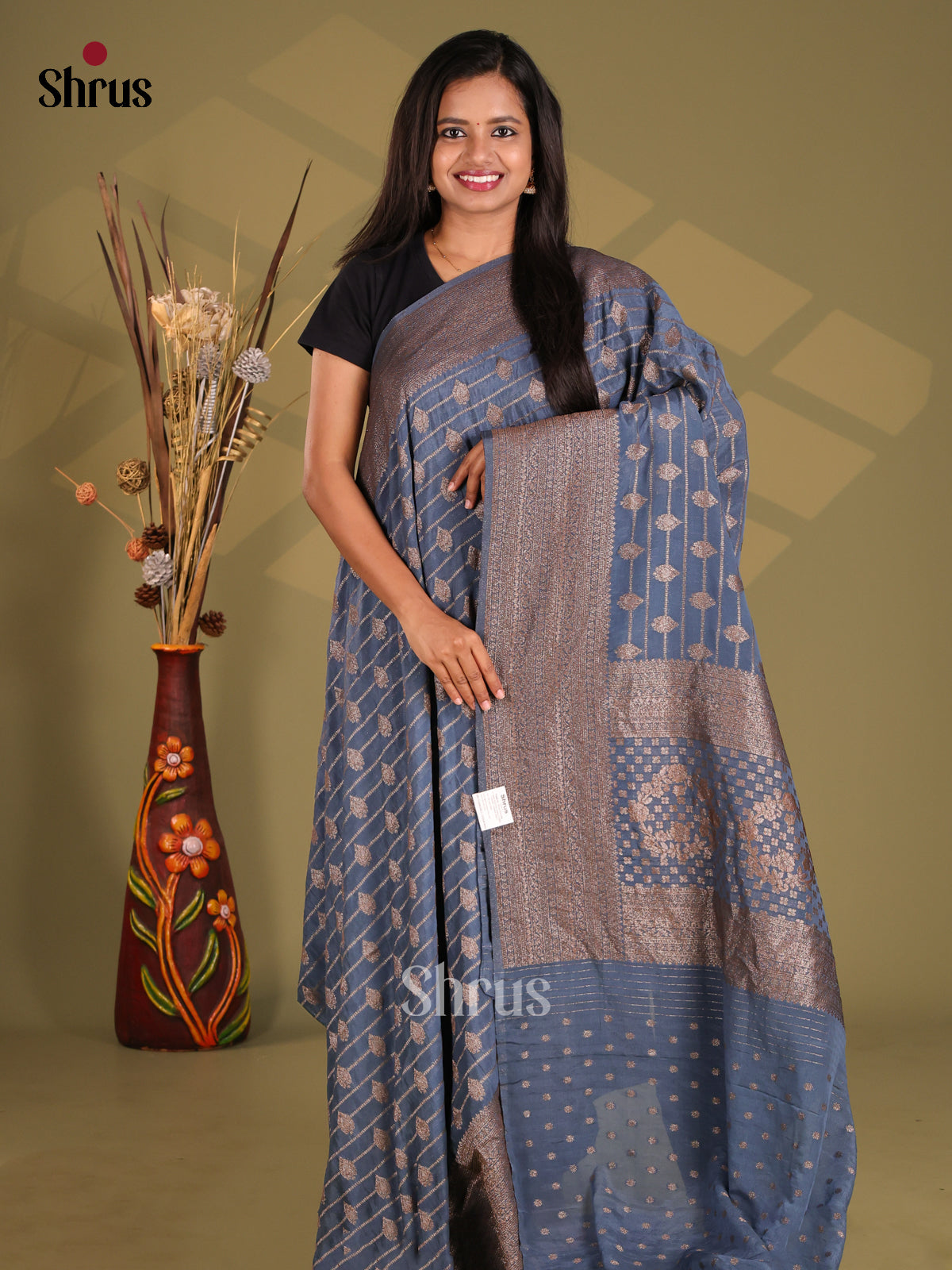 Grey - Semi Georgette Saree - Shop on Shrus.com