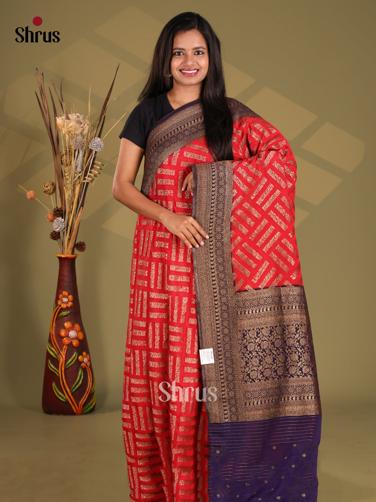 Red & Violet - Semi Georgette Saree - Shop on Shrus.com