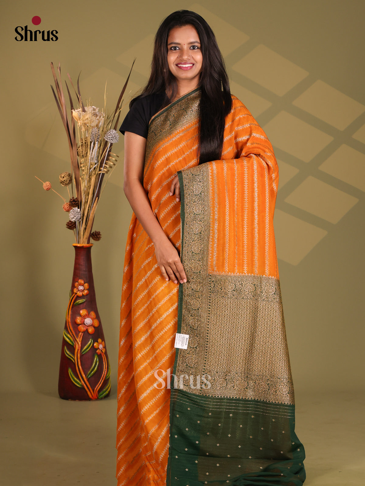 Orange & Green- Semi Georgette Saree