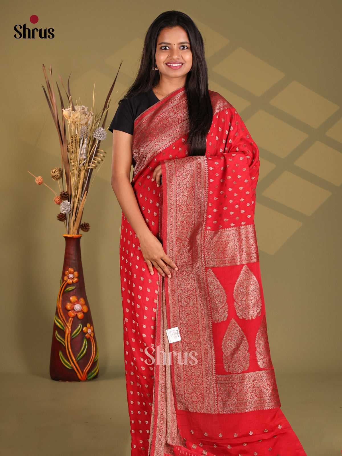 Red - Semi Georgette Saree - Shop on Shrus.com