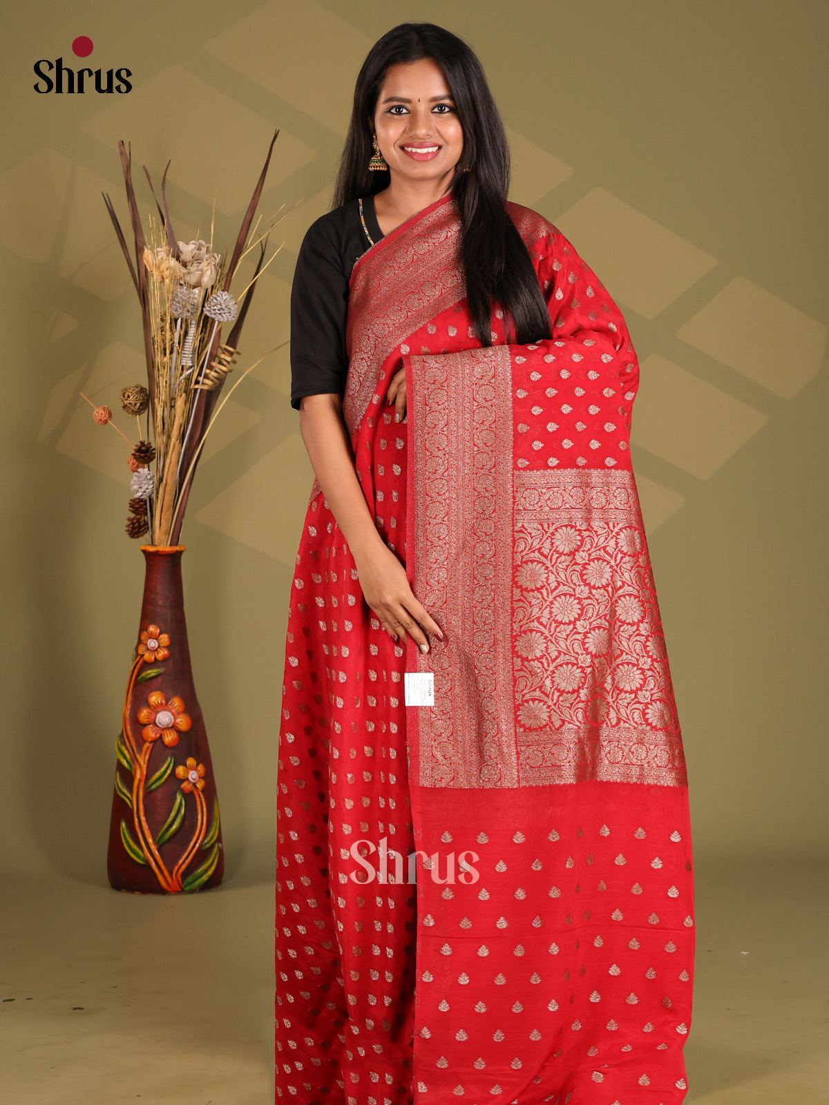 Red - Semi Georgette Saree - Shop on Shrus.com