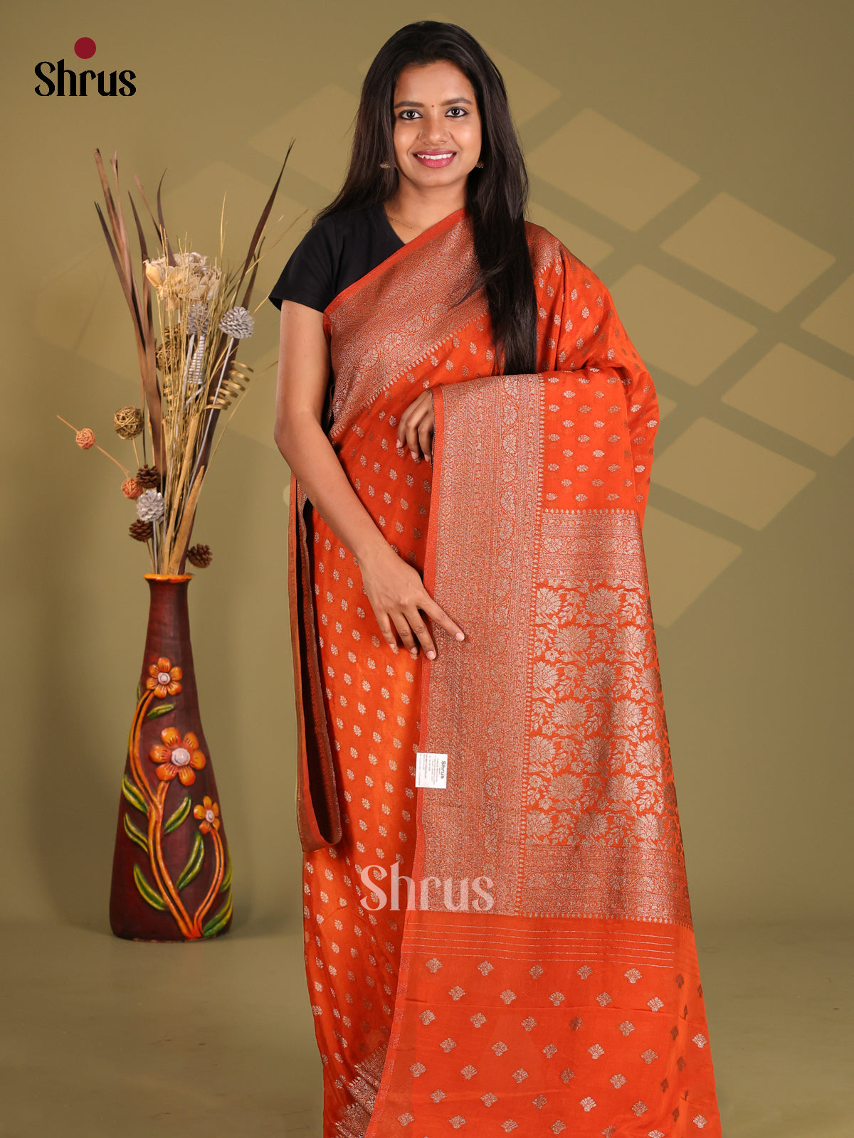Orange - Semi Georgette Saree - Shop on Shrus.com