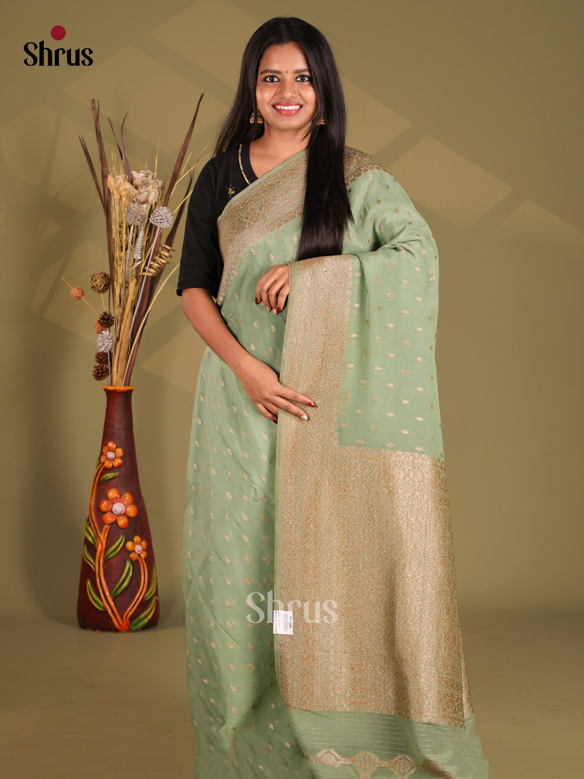 Pastel Green - Semi Georgette Saree - Shop on Shrus.com