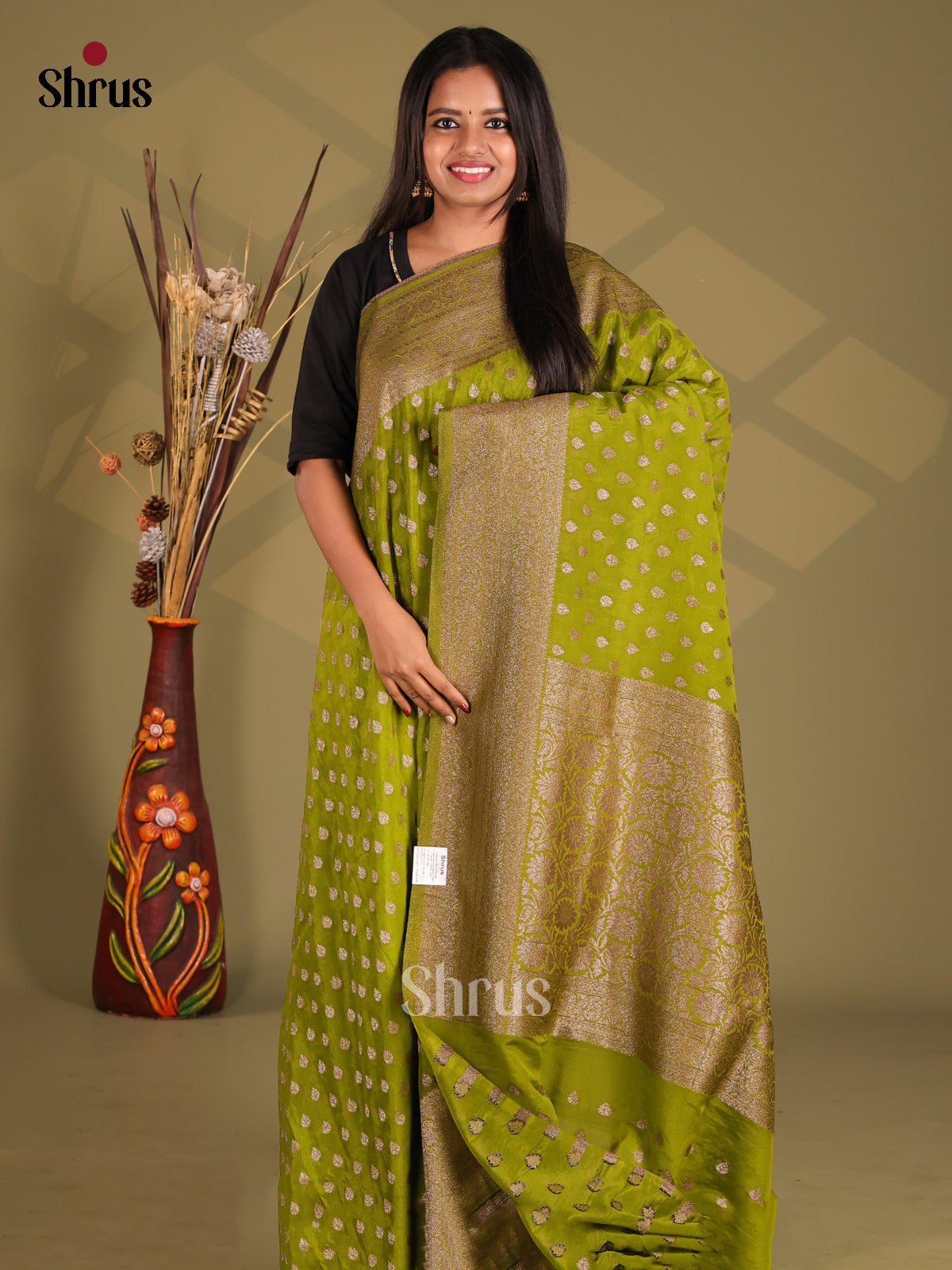 Mehandi Green - Semi Georgette Saree - Shop on Shrus.com