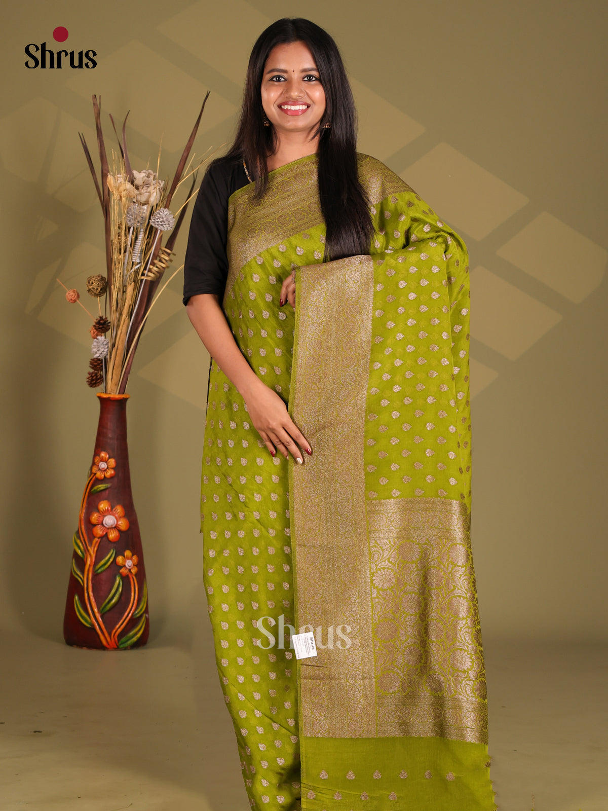 Mehandi Green(single Tone) - Semi Georgette Saree - Shop on Shrus.com