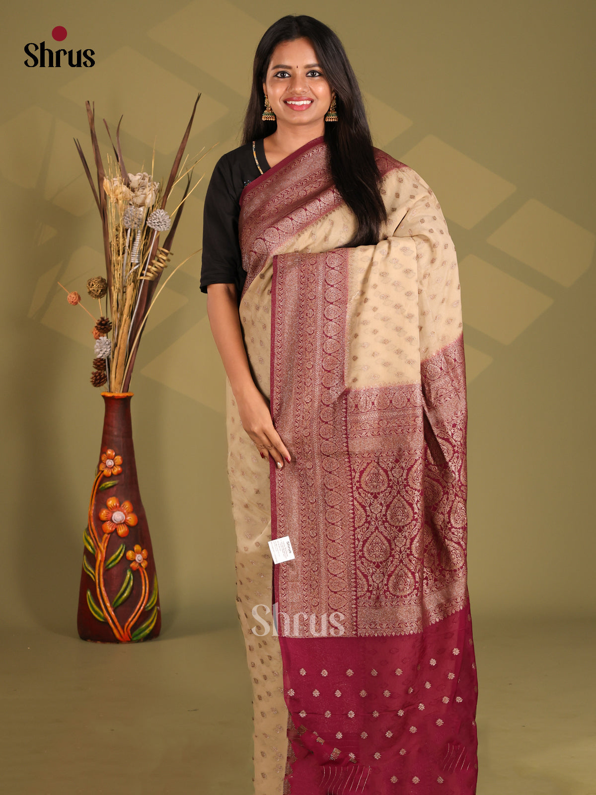 Cream & Maroon - Semi Georgette Saree