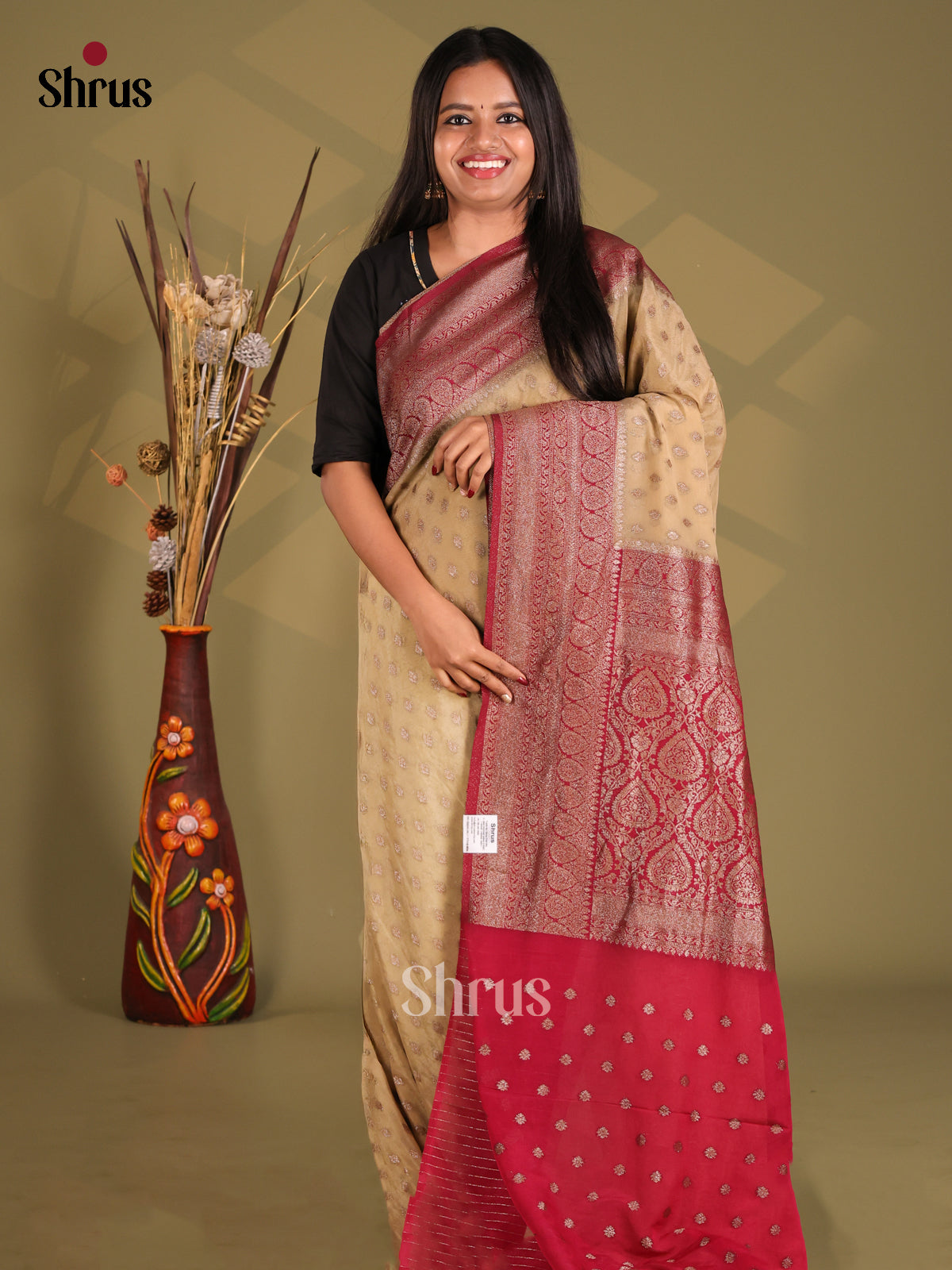 Cream & Maroon - Semi Georgette Saree