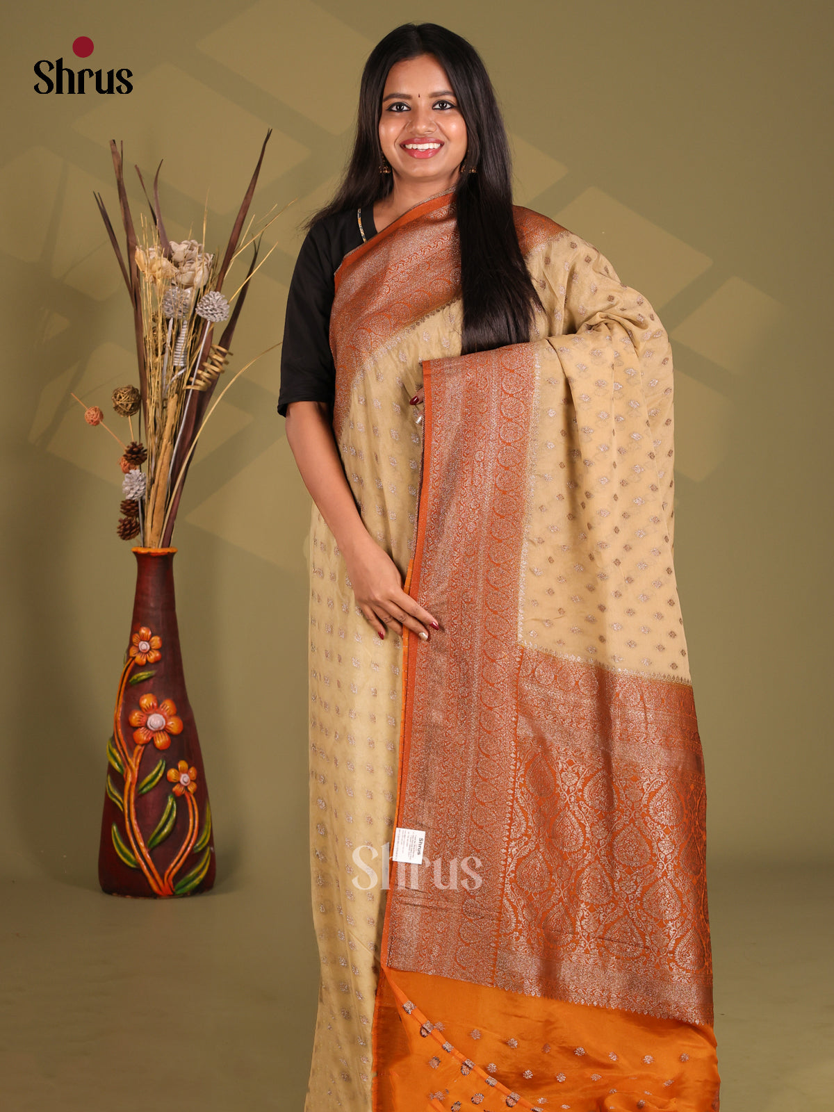Cream & Brick - Semi Georgette Saree