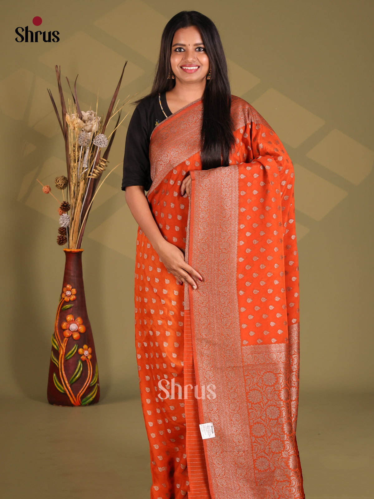 Orange - Semi Georgette Saree - Shop on Shrus.com