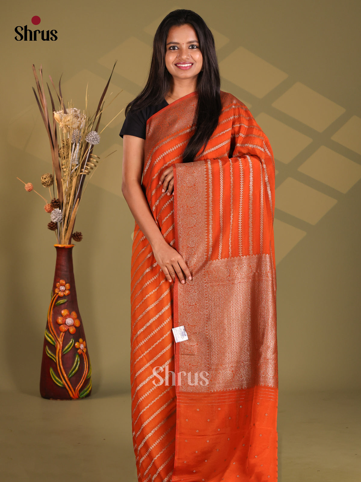 Orange - Semi Georgette Saree - Shop on Shrus.com