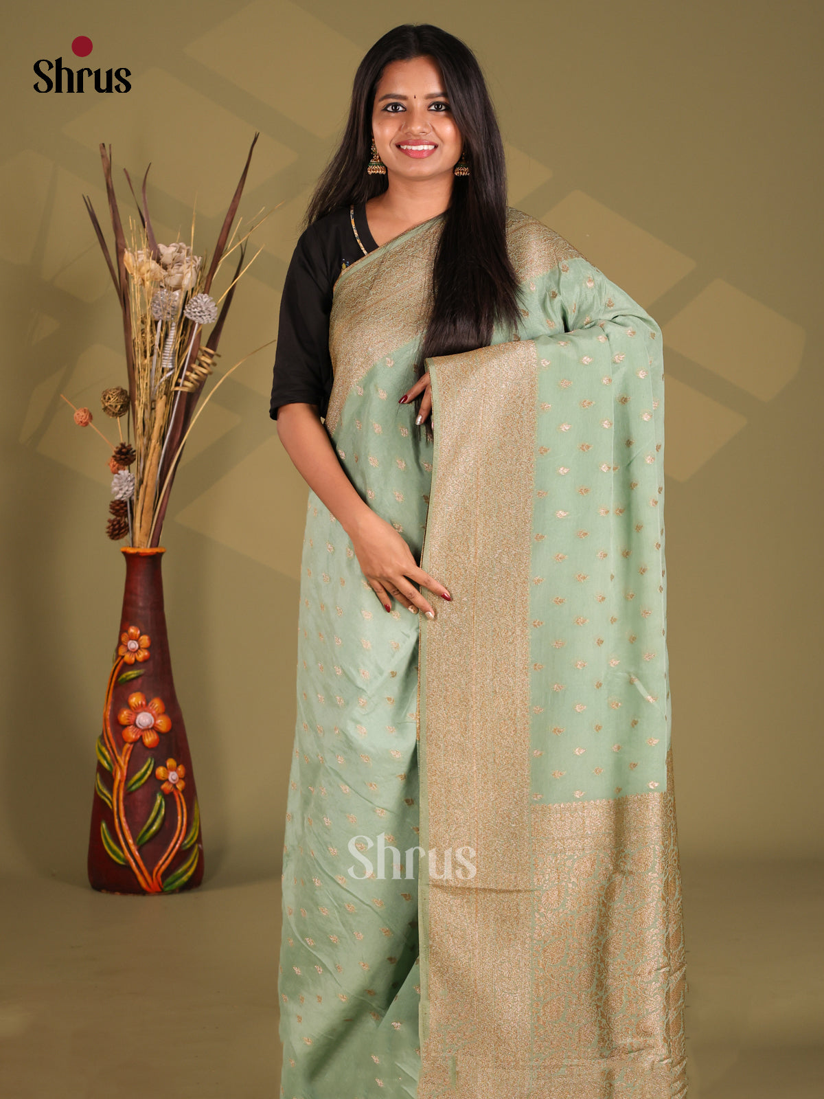 Pista Green(Single Tone) - Semi Georgette Saree - Shop on Shrus.com