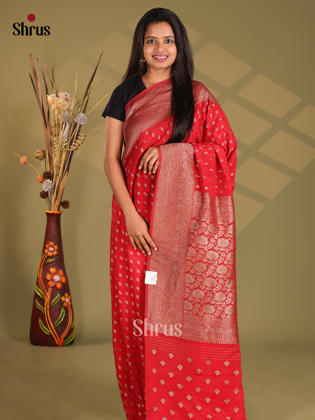 Red - Semi Georgette Saree - Shop on Shrus.com