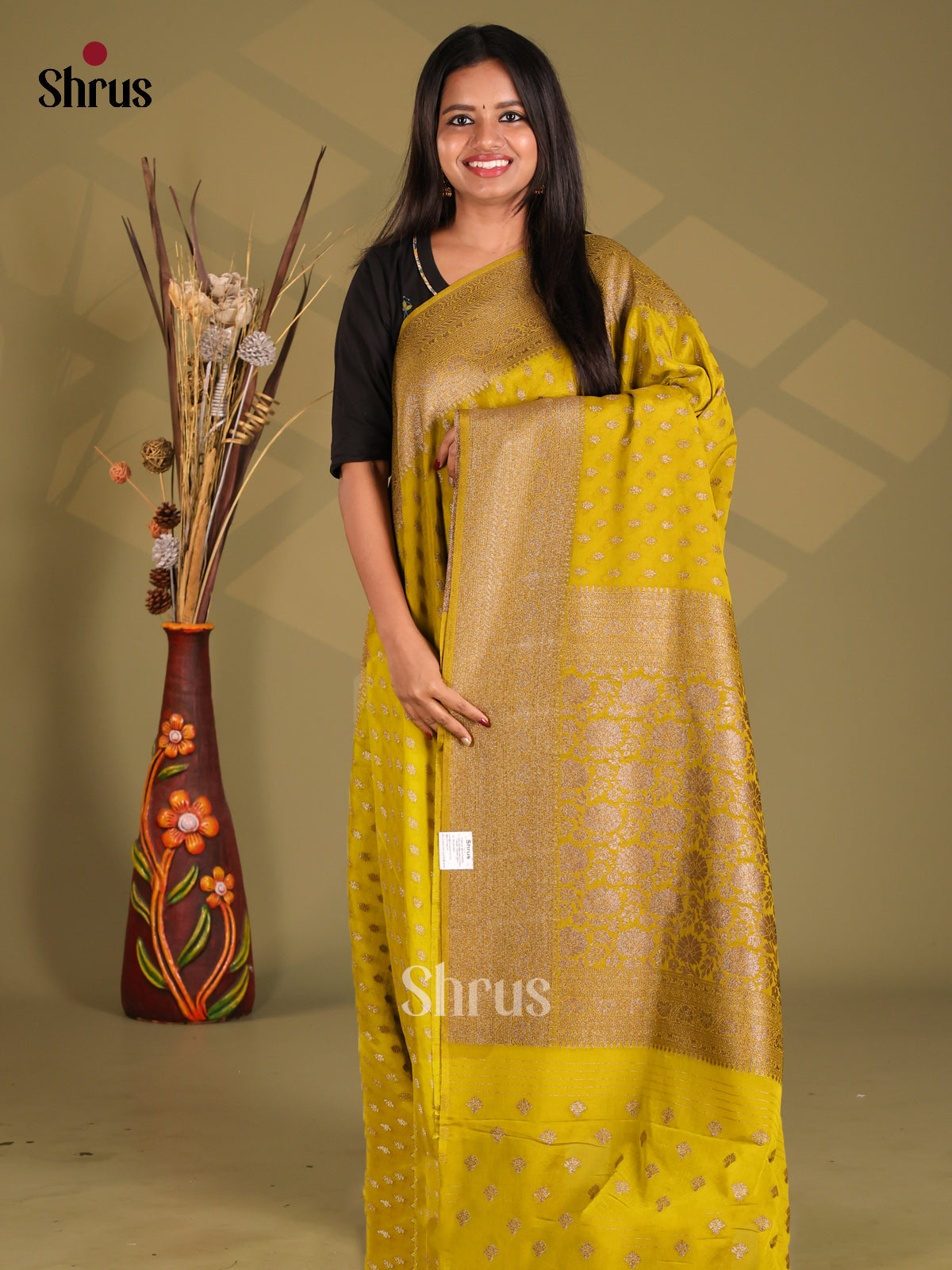 Mustardy Green(Single Tone)- Semi Georgette Saree - Shop on Shrus.com