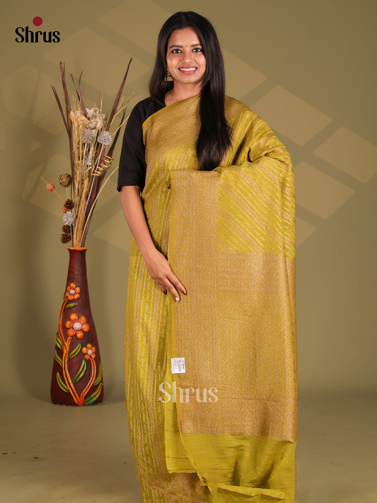 Mehandi Green(Single Tone) - Semi Georgette Saree - Shop on Shrus.com